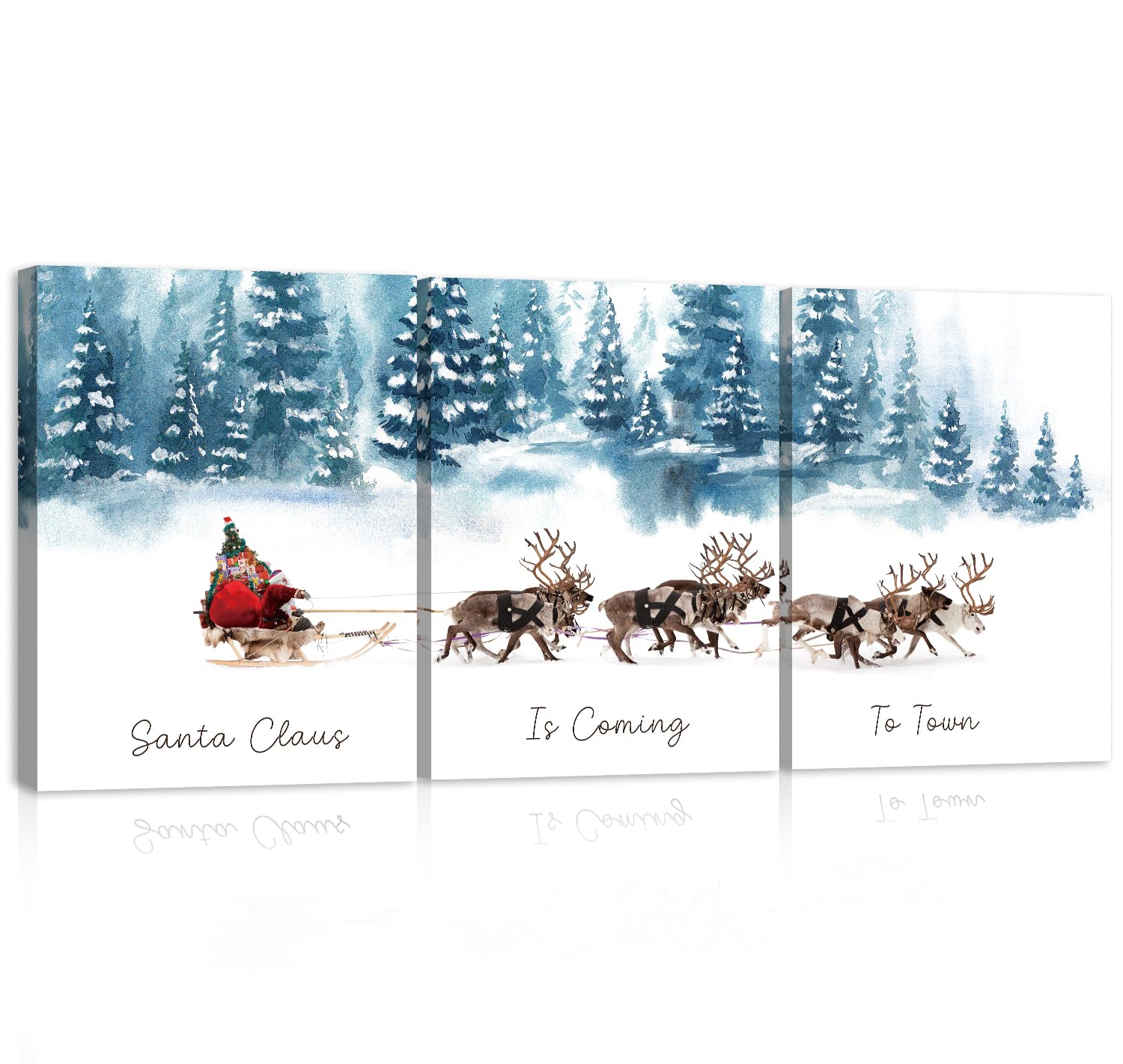 TOARTi Christmas Santa Claus Canvas Wall Art Prints (Set of 3pcs, 12x16 inches, Frame Included), Sleigh and Reindeer Xmas Gallery Poster, Winter Snow Trees Christmas Wall Decor for Housewarming Gift