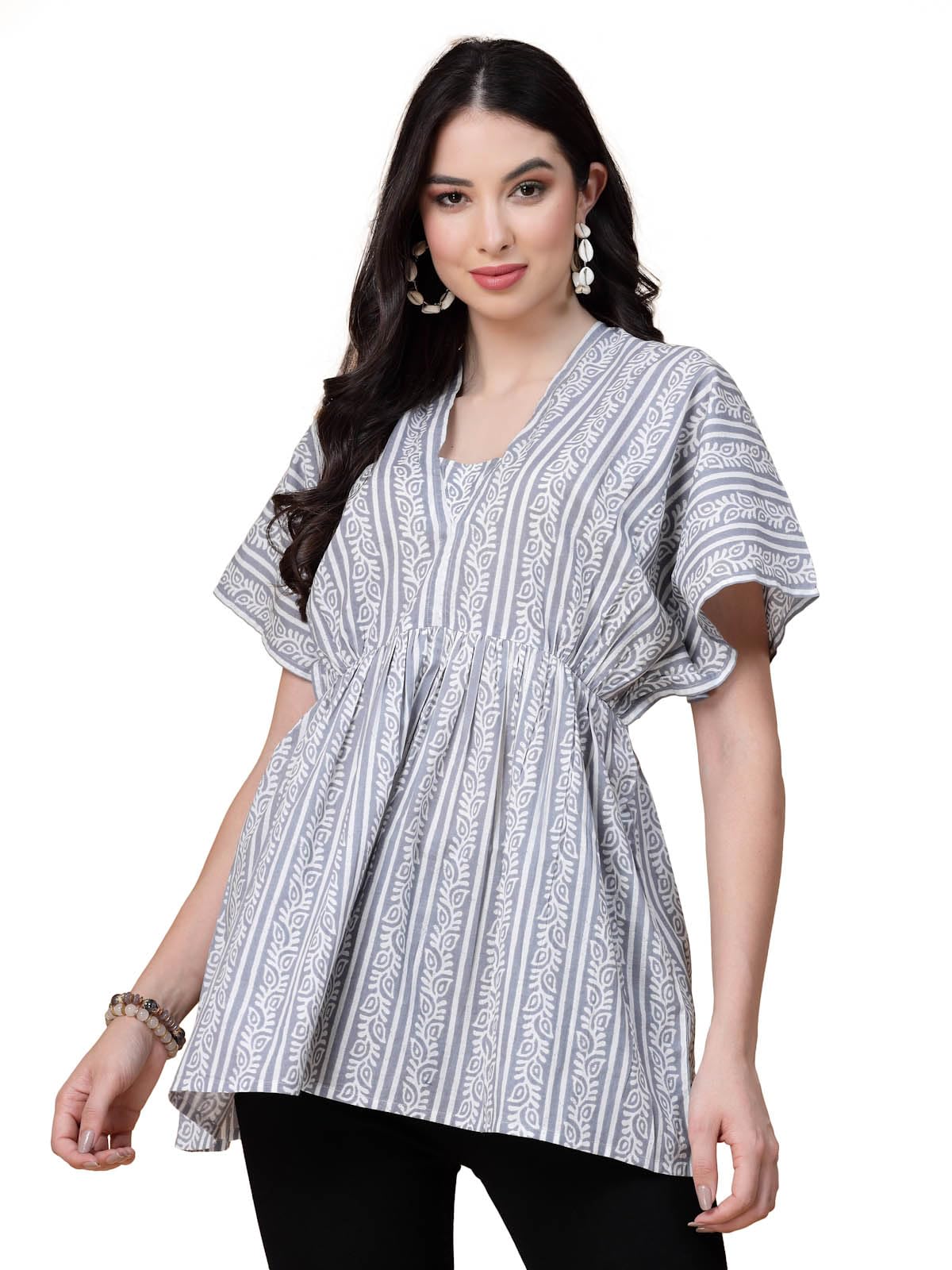 Grey Color Cotton Printed Kaftaan Tunics-image-45