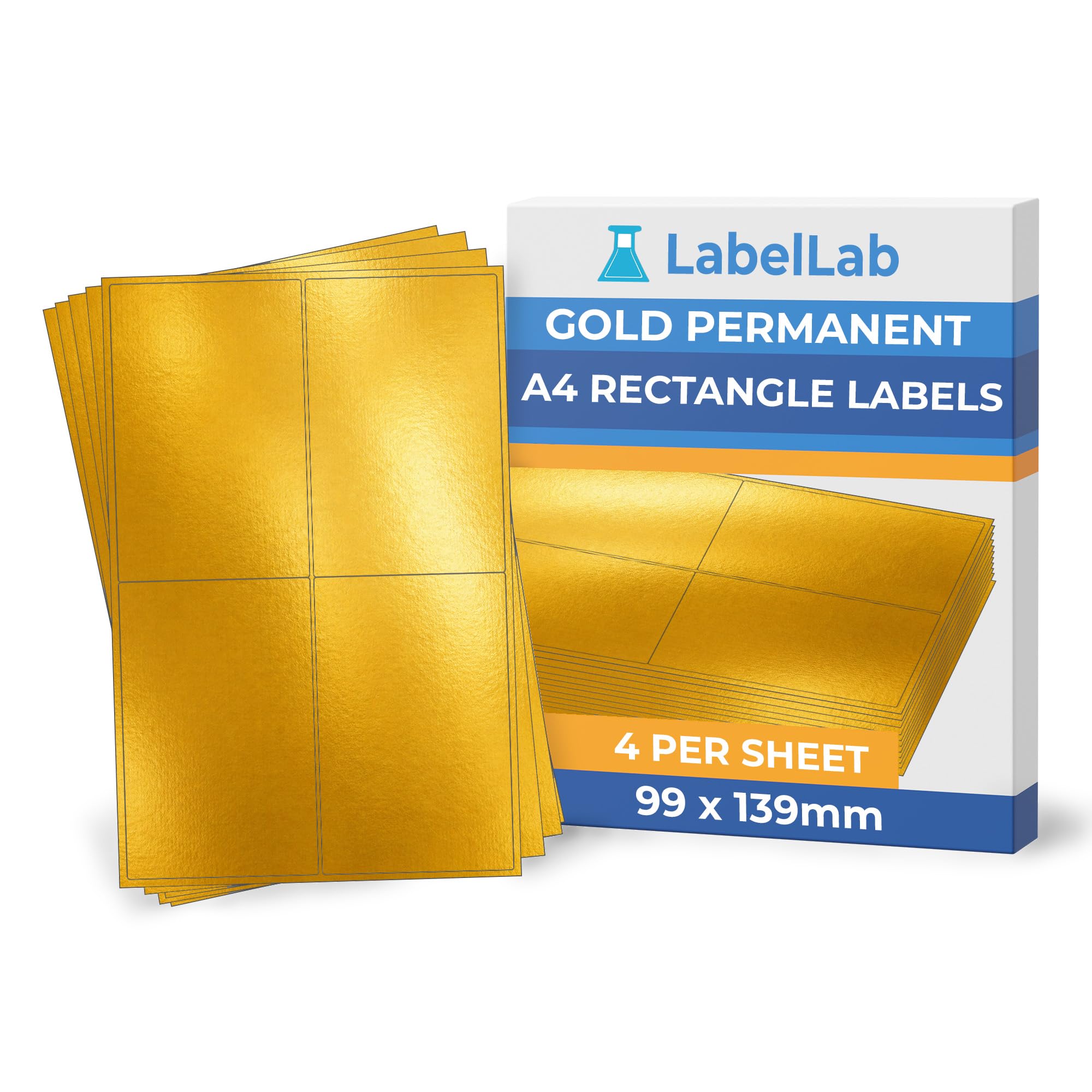 Gold A4 Rectangle Labels – Metallic Gold Laser Printer Labels, Printable Sheet Labels, Permanent Adhesive – 4 Per Sheet (99 × 139 mm), 500 Sheets – LabelLab