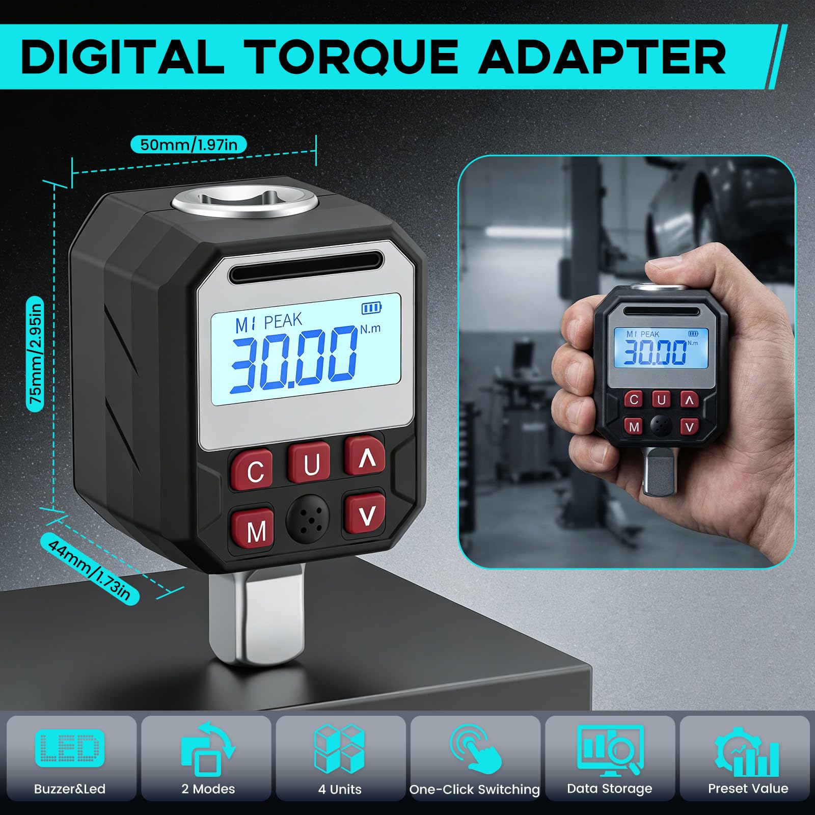 Adattatore Chiave Dinamometrica Digitale 1/2", 5-340 Nm – con attacchi 3/8" e 1/4", display LCD, LED e allarme acustico, Modalità Peak/Trace, 9 Memorie, – per Auto, Moto e Bici