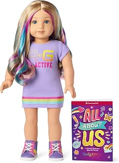 American Girl Truly Me 18-Inch Doll 110 with Light-Blue Eyes, Wavy Blonde Hair with Purple and Blue Highlights, Light Skin with Warm Olive Undertones, Purple Printed T-Shirt Dress