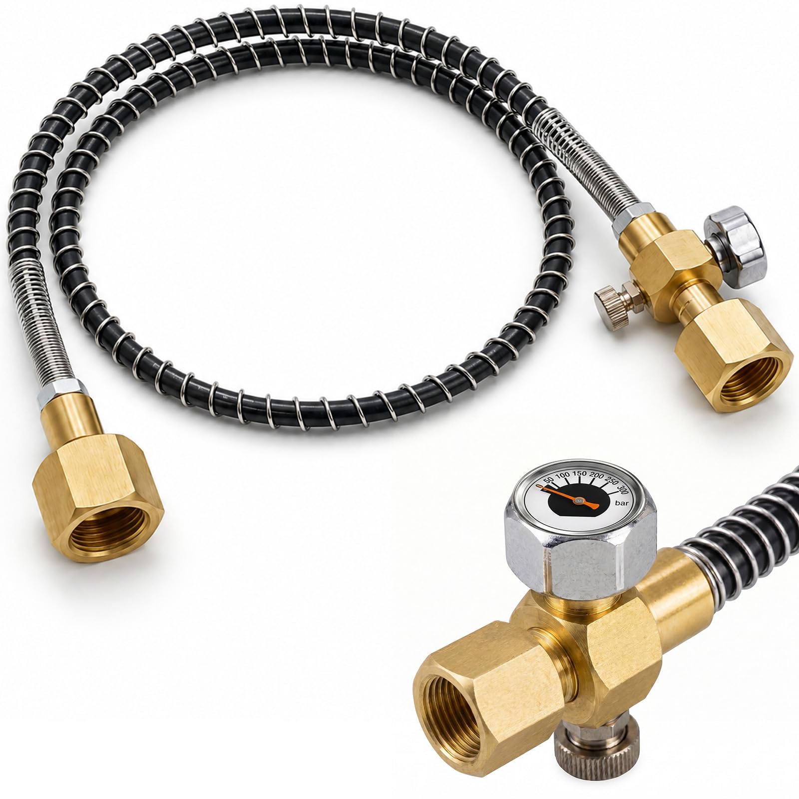 1 Meter Umfüllschlauch - CO2 Nachfülladapter Zylinder mit Manometer, Gewinde 2 x W21,8 x 1/14, Füllschläuche für Kohlendioxid, Schutzgase und Helium