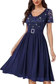 Women's V-Neck Sparkling Sequin Short Sleeves Empire Waist Cocktail Prom Dress