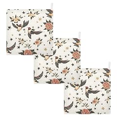 STAYTOP Vintage Flying Birds Muslin Baby Washcloths Pack of 3 - Soft Face Cloths for Newborn Absorbent Baby