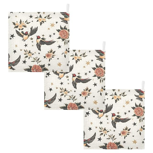 STAYTOP Vintage Flying Birds Muslin Baby Washcloths Pack of 3 - Soft Face Cloths for Newborn Absorbent Baby