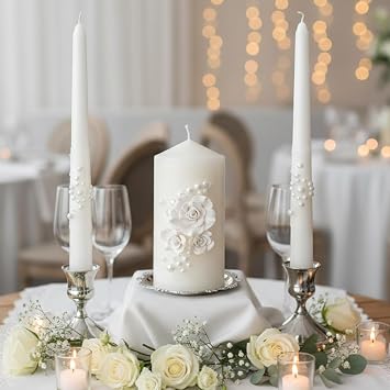 Irenare Unity Candles for Wedding Ceremony with Holder,Ceramic Flowers | Unity Pillar Candle Set, Taper Candle Gift, with Candlestick, Ideal for Church Weddigng Ceremonies, Formal Event Decoration