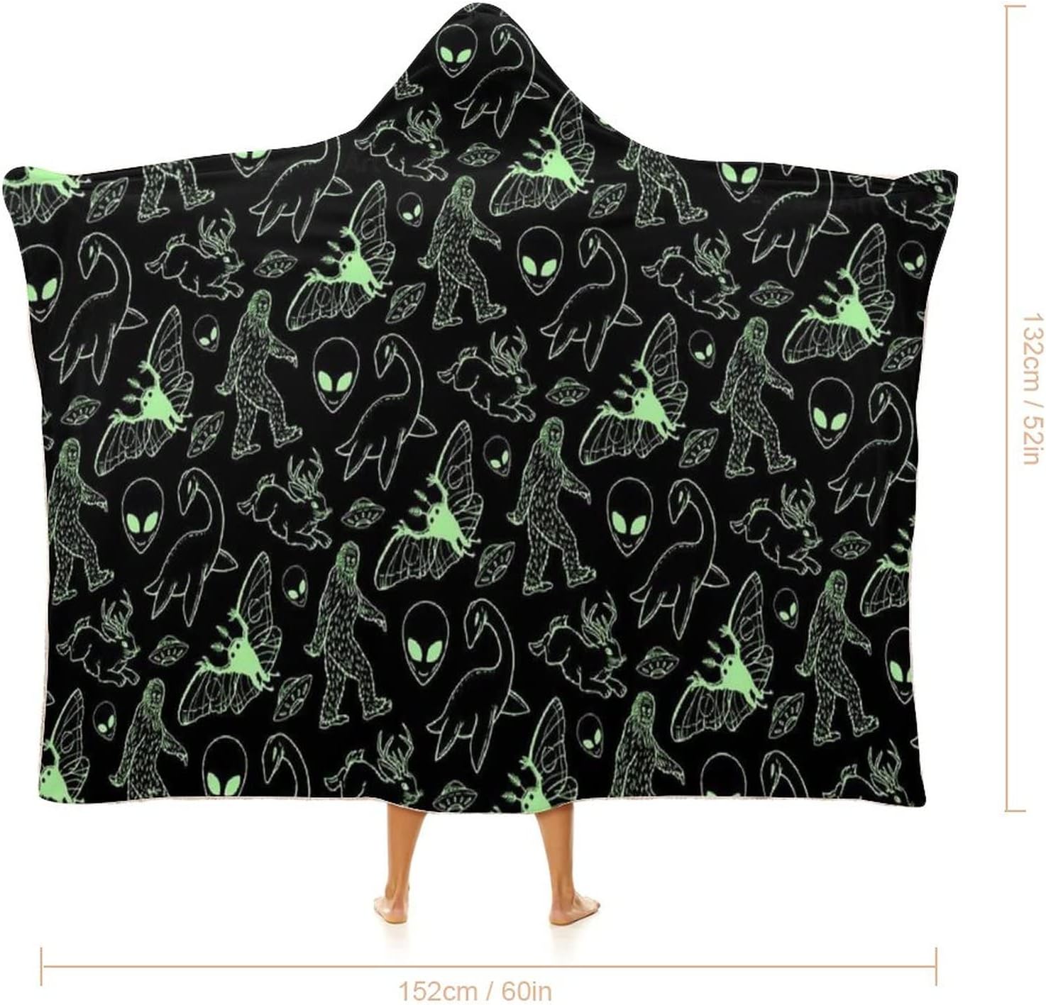 Green Lines Cryptid Pattern Wearable Hooded Blanket Soft Warm Throw Blanket Robe Cloak Wrap For Bed Sofa Bedding 40"x50"