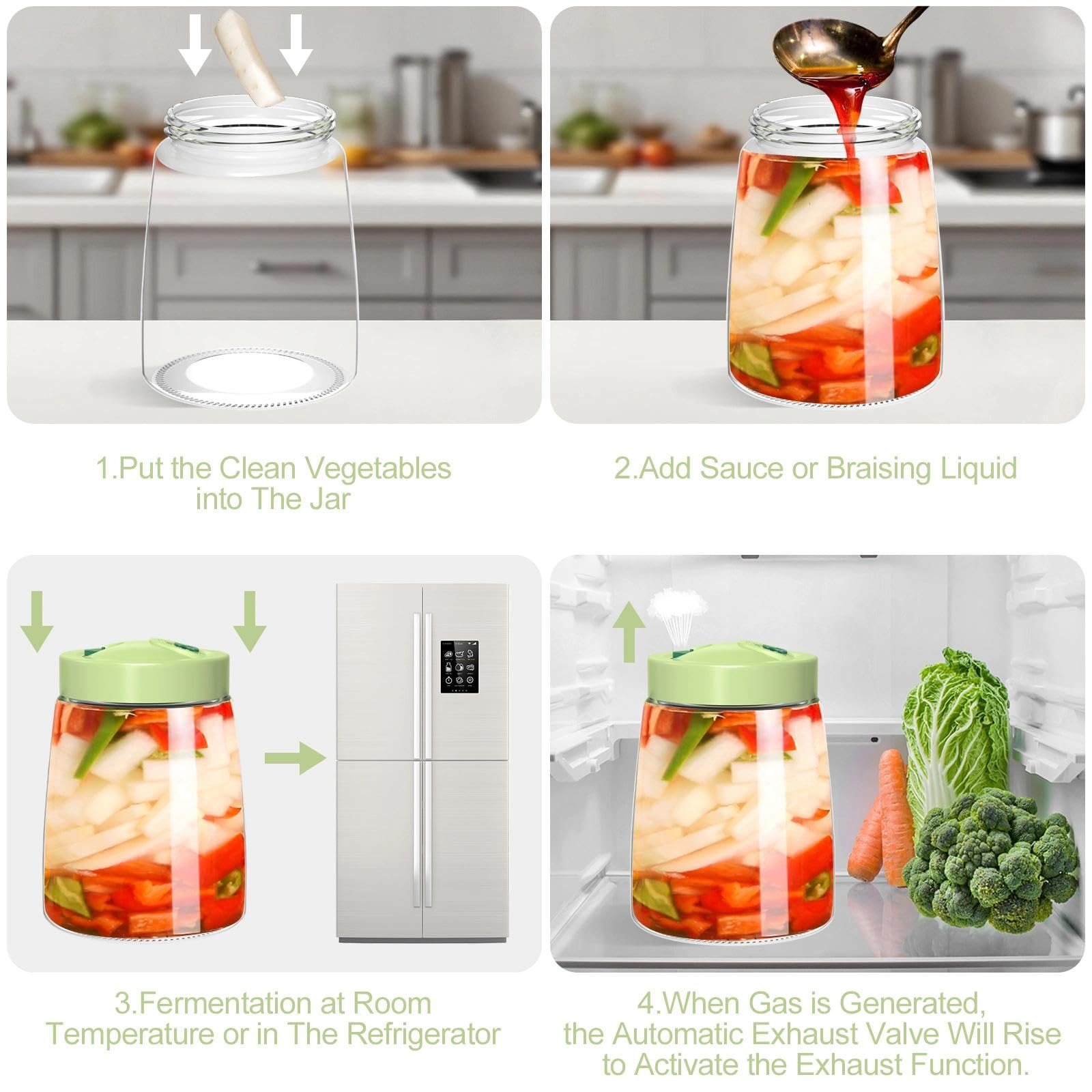 1.4L Fermentadora con Ventilación de Liberación de Aire de 1 Vía, Frasco de Fermentación, Tarro de Fermentación de Cristal para Kéfir, Kimchi, Chucrut, Iniciador de Masa Madre(Verde, 2 PCS)