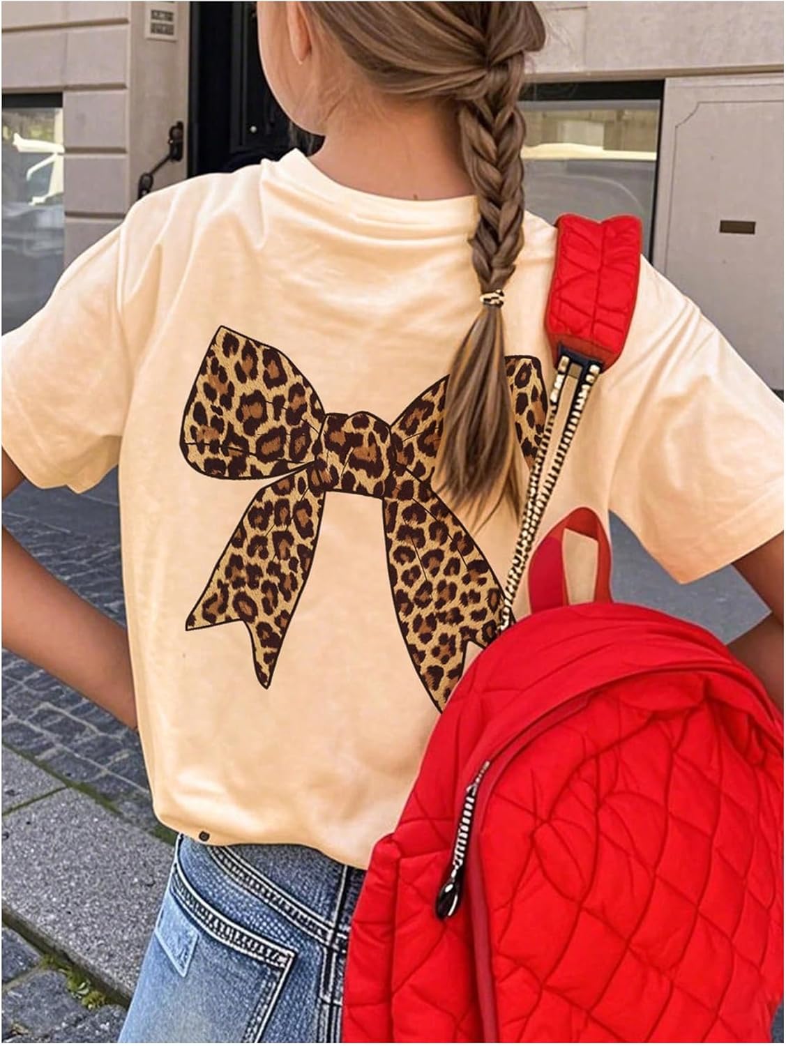RoseSeek Girl's Bow Leopard Graphic Tees Short Sleeve Preppy Summer T Shirt Aesthetic Baggy Tops - Image 3