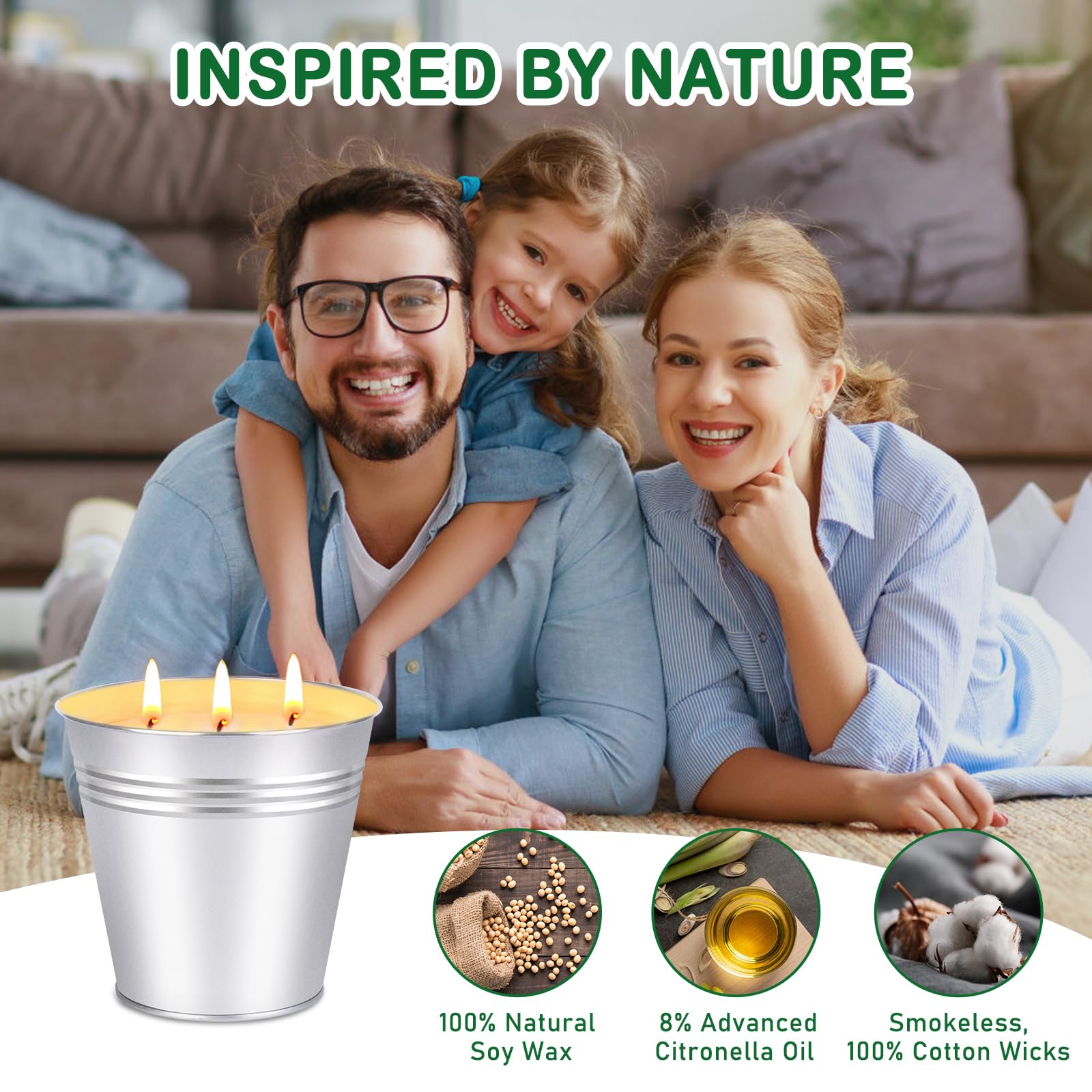 Candele alla Citronella per Esterni 963,9g 3 Stoppini 200 Ore Combustione Cera di Soia 2 Pezzi