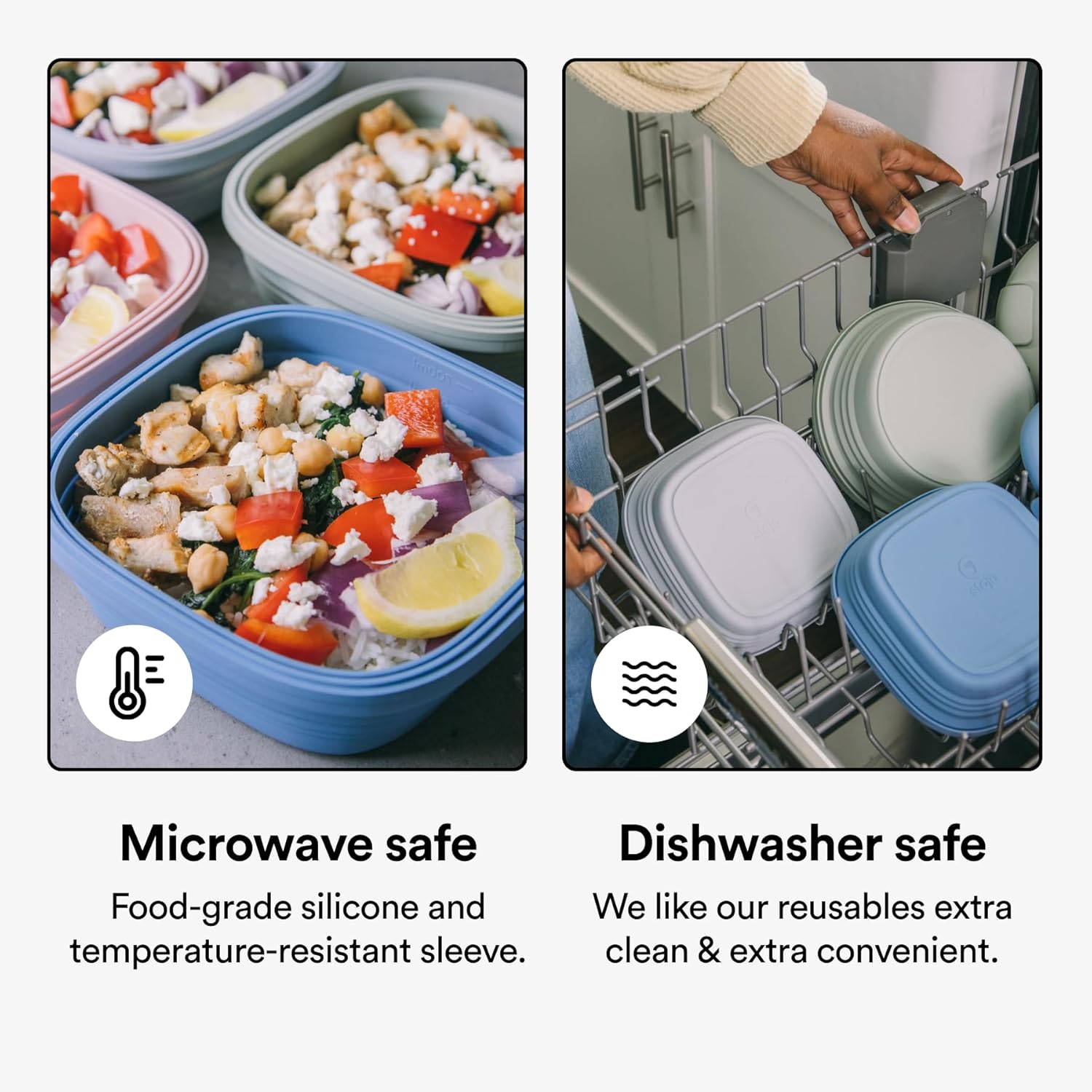 STOJO Collapsible Sandwich Box – 24oz, Reusable Food Storage Container, Silicone Bowl for Hot/Cold Food – Meal Prep, Lunch, Camping, Hiking – Dishwasher Safe (Translucent Denim, Set of 3)