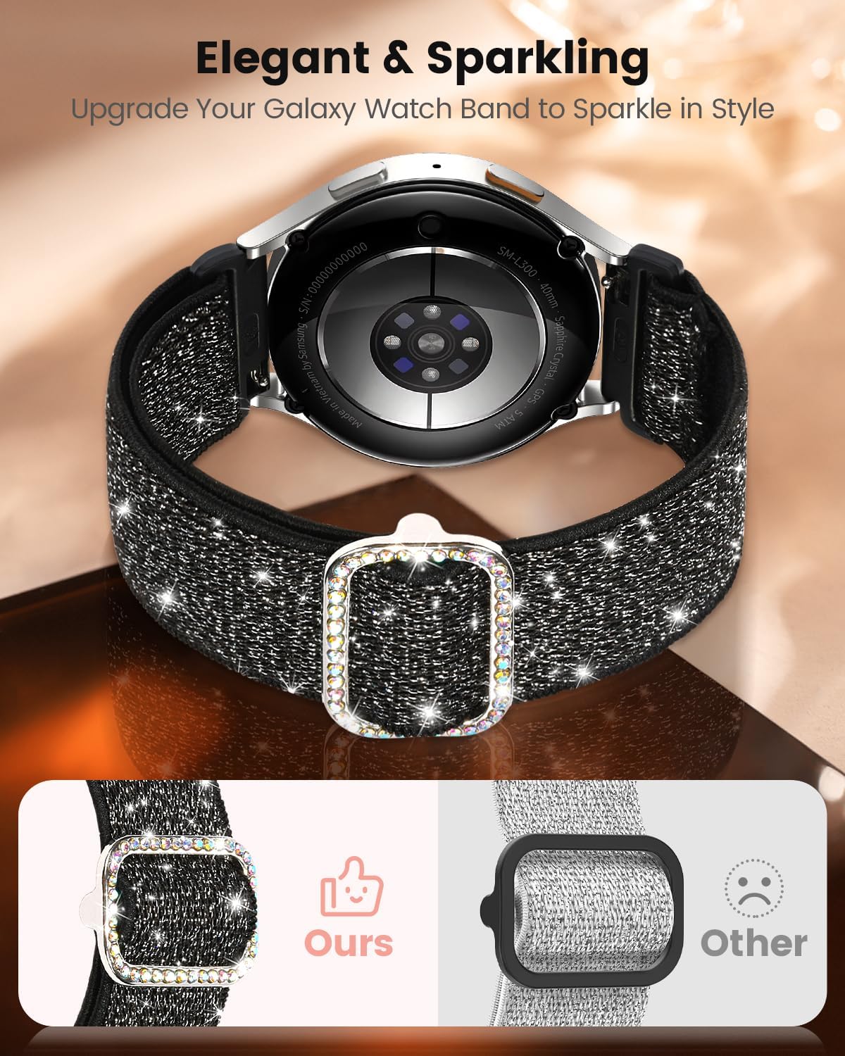 Sparkly Stretchy Nylon Bands Compatible with Samsung Galaxy Watch 7 6 5 4 Fe Band 40mm 44mm/Watch 6 4 Classic 47mm 46mm 43mm 42mm/Active 2,20mm Bling Elastic Glitter Strap for Galaxy Watch 7 Band Women