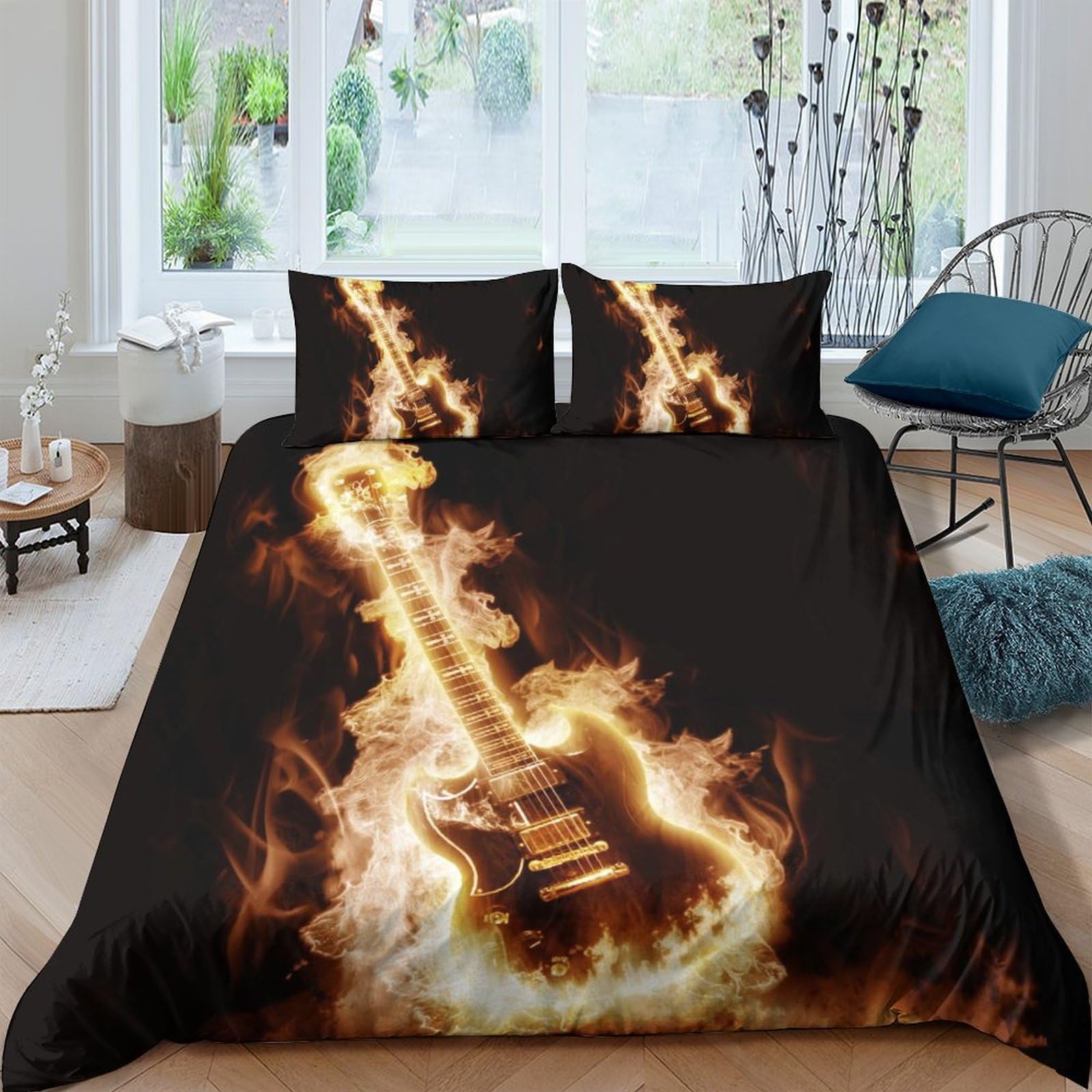 TUFRTGYHN 3D Printed Fire Guitar Duvet Cover Microfiber Soft Breathable Burning Instrument Bedding Set with 2 Pillowcases for Bedroom Decor Single（135x200cm）