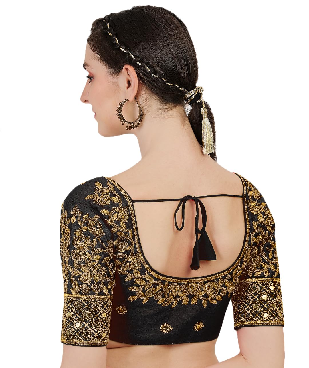 Pujia Mills Women's Silk Embroidery Half Sleeve Blouse (Gwaliya Blouse_Black_38)