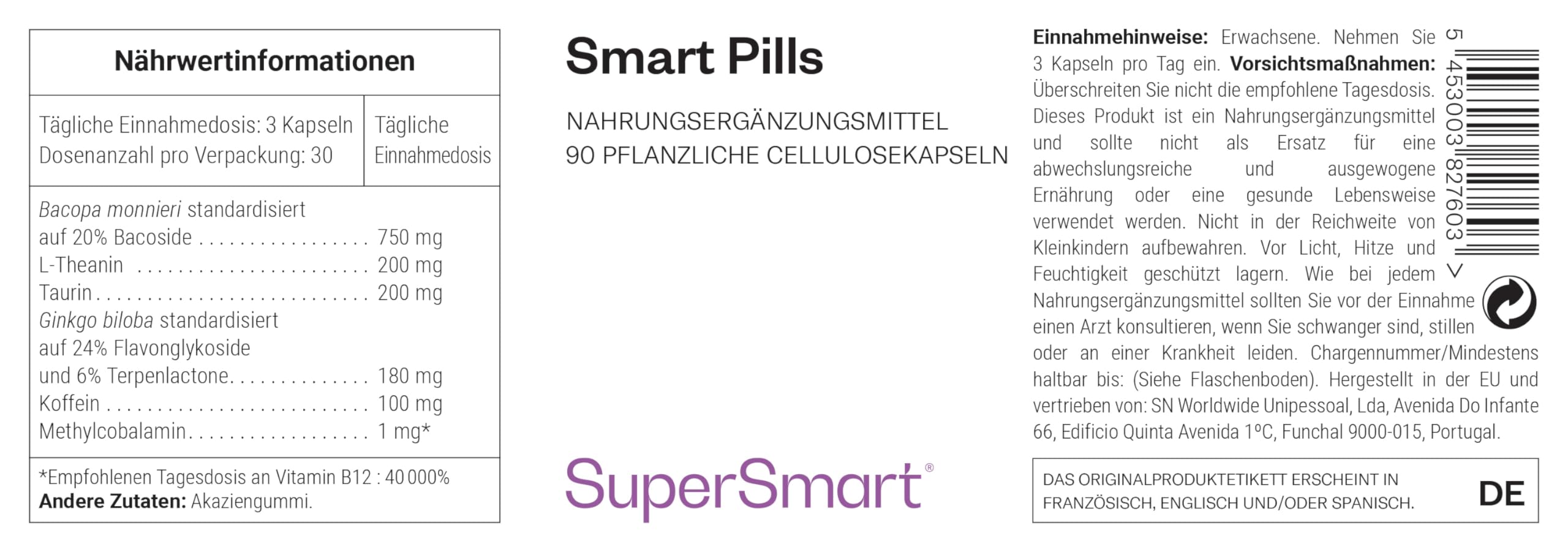 Supersmart - Smart Pills - Mit Bacopa Monnieri, Ginkgo biloba & L-Theanin - Super Nootropika - Nahrungsergänzung - Steigert die Konzentration - Koffeintabletten | Nicht GVO- 60 vegetarische Kapseln