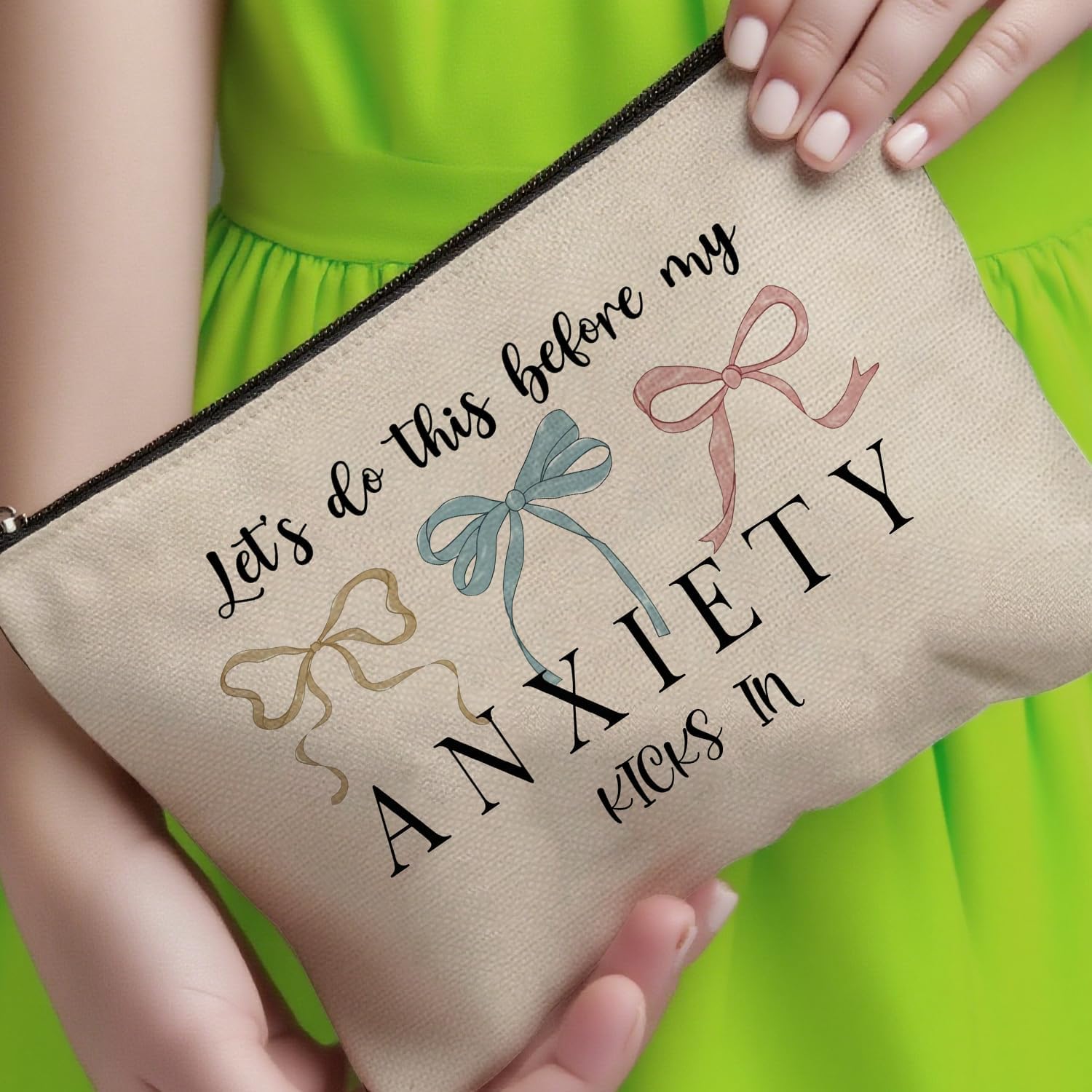 Funny Anxiety Themed Makeup Bag, Humor Self Care Cosmetic Bag, Gift for Women Friend Coworker Bestie Sister Social Worker Mom Teacher Therapist Graduation Birthday Christmas 10×7 Inch Khaki - Image 8