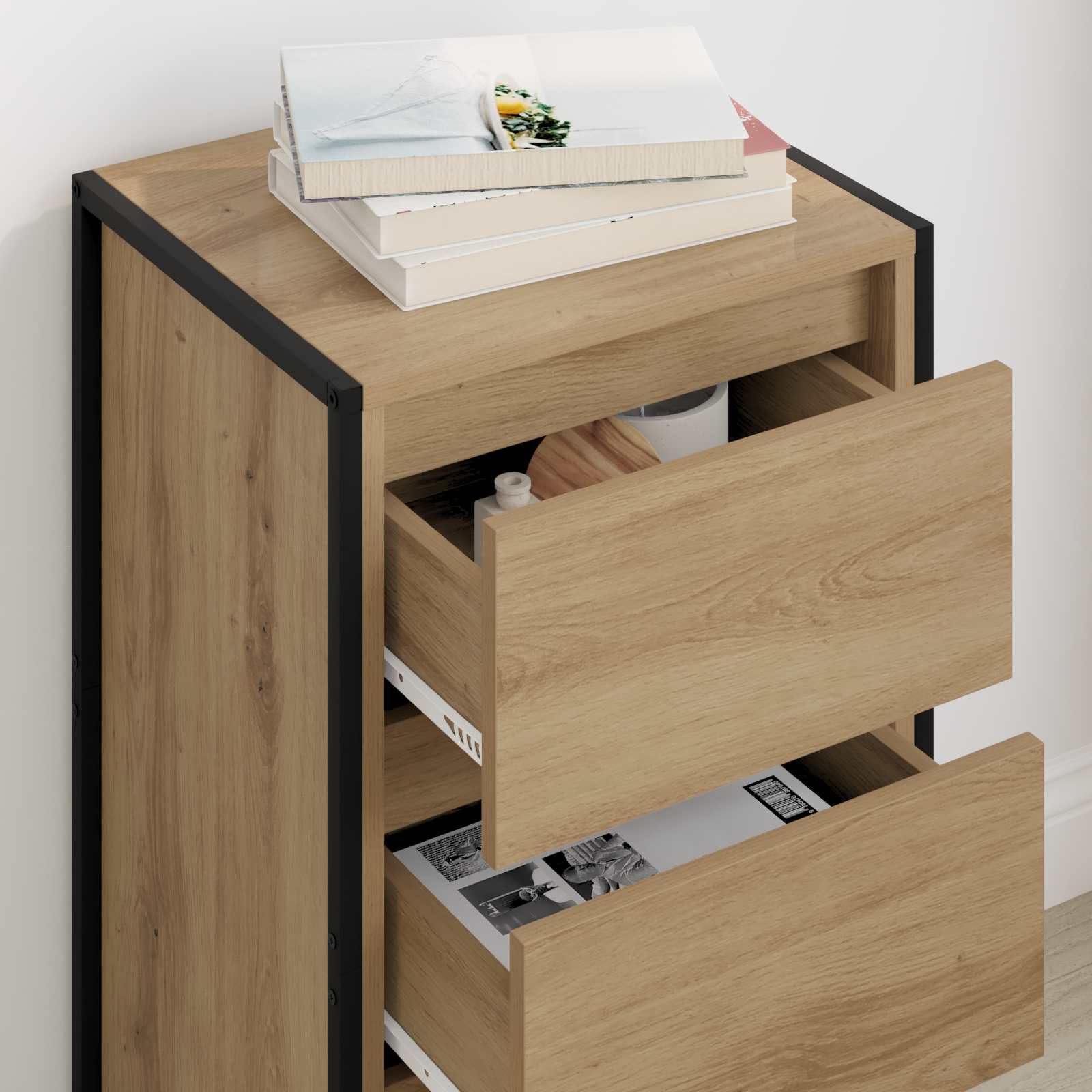 Holamys Armario auxiliar artesanal, roble 42 x 36 x 75,5 cm, material de madera, diseño industrial, armario de almacenamiento con cajón para salón, pasillo