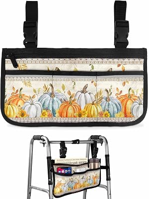 Thanksgiving Wheelchair Side Bag Walker Bag, Fall Pumpkin Yellow Leaves Vintage Rustic Wheelchair Accessories Armrest Pouch, Organizer Storage Bag for Walkers, Rollators, Scooters, 7.3''x13''