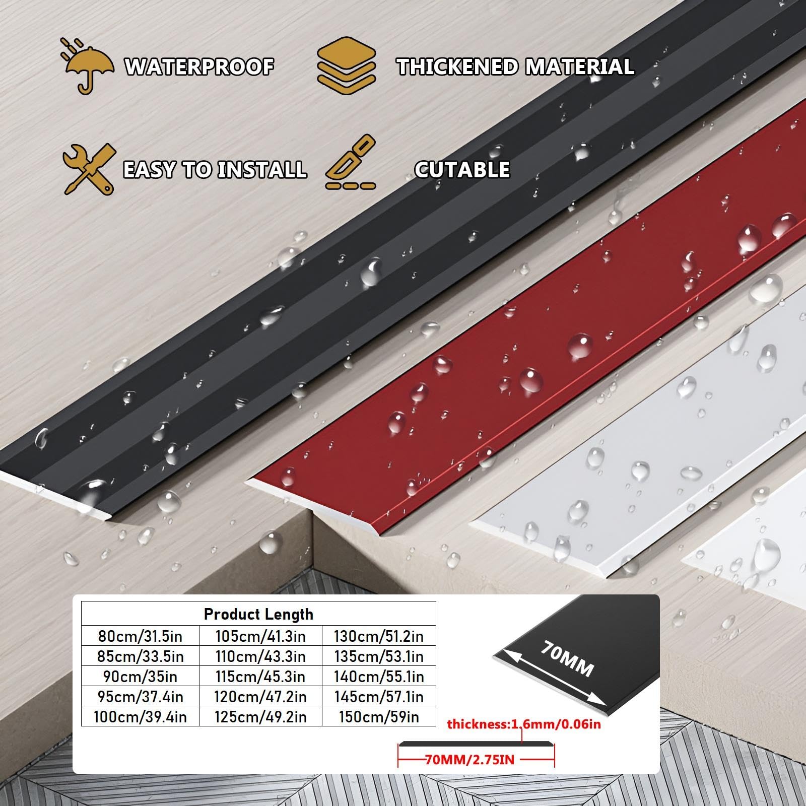 70mm Extra Ancho Perfil De Transición De Aluminio,autoadhesiva