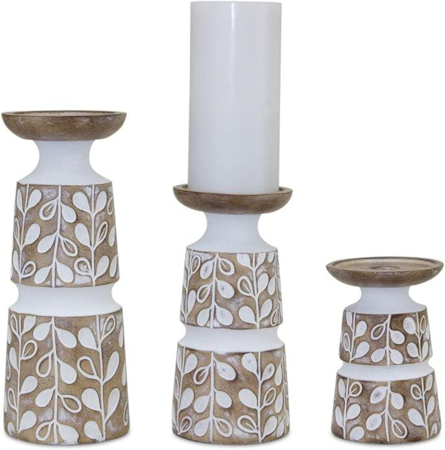 Melrose Candle Holder with Brown and White, 5.5"H, 8"H, 10.25"H, Resin, Set of 3, Table Centerpiece, Pillar Candle Holders, Rustic Pillar Candle Holder