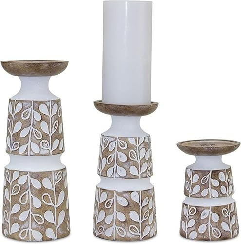 Melrose Portavelas con marrón y blanco, 5.5 pulgadas de alto, 8 pulgadas de alto, 10.25 pulgadas de alto, resina, juego de 3, centro de mesa,