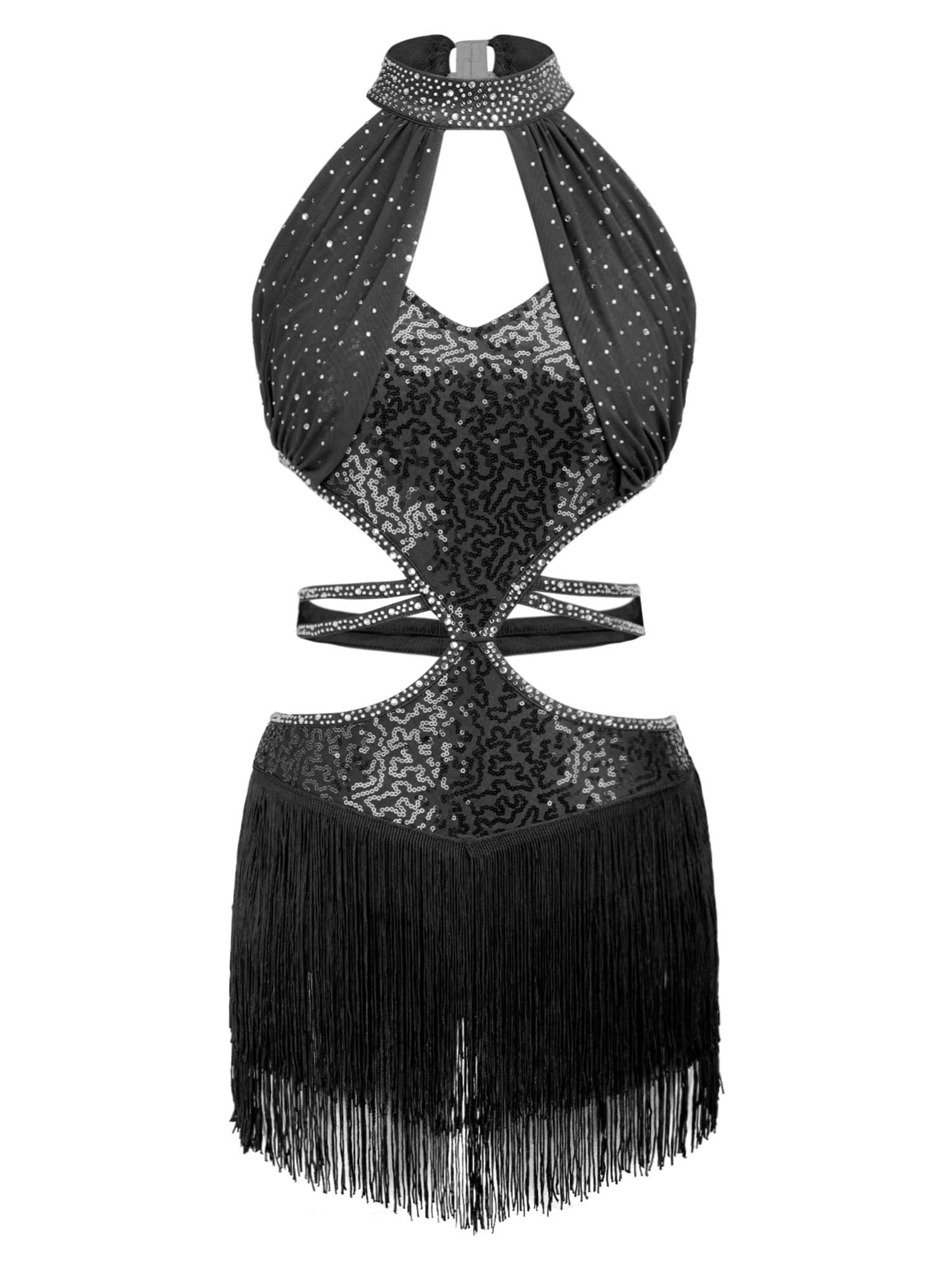IEFIEL Vestido Baile Latino Lentejuelas Maillot con Flecos Mujer Leotardos de Danza Maillot Gimnasia Ritmica Vestido de Baile Moderno para Competición