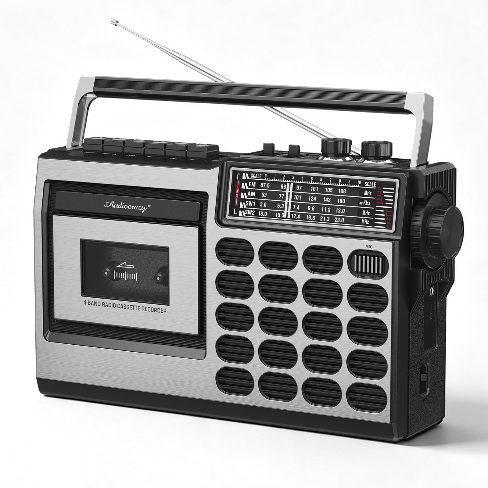 Tragbarer Kassettenspieler mit Radio FM/MW/SW, Kassettenrekorder mit USB/SD-Aufnahme, Kopfhöreranschluss, 5W Lautsprecher für Zuhause, Küche, Büro