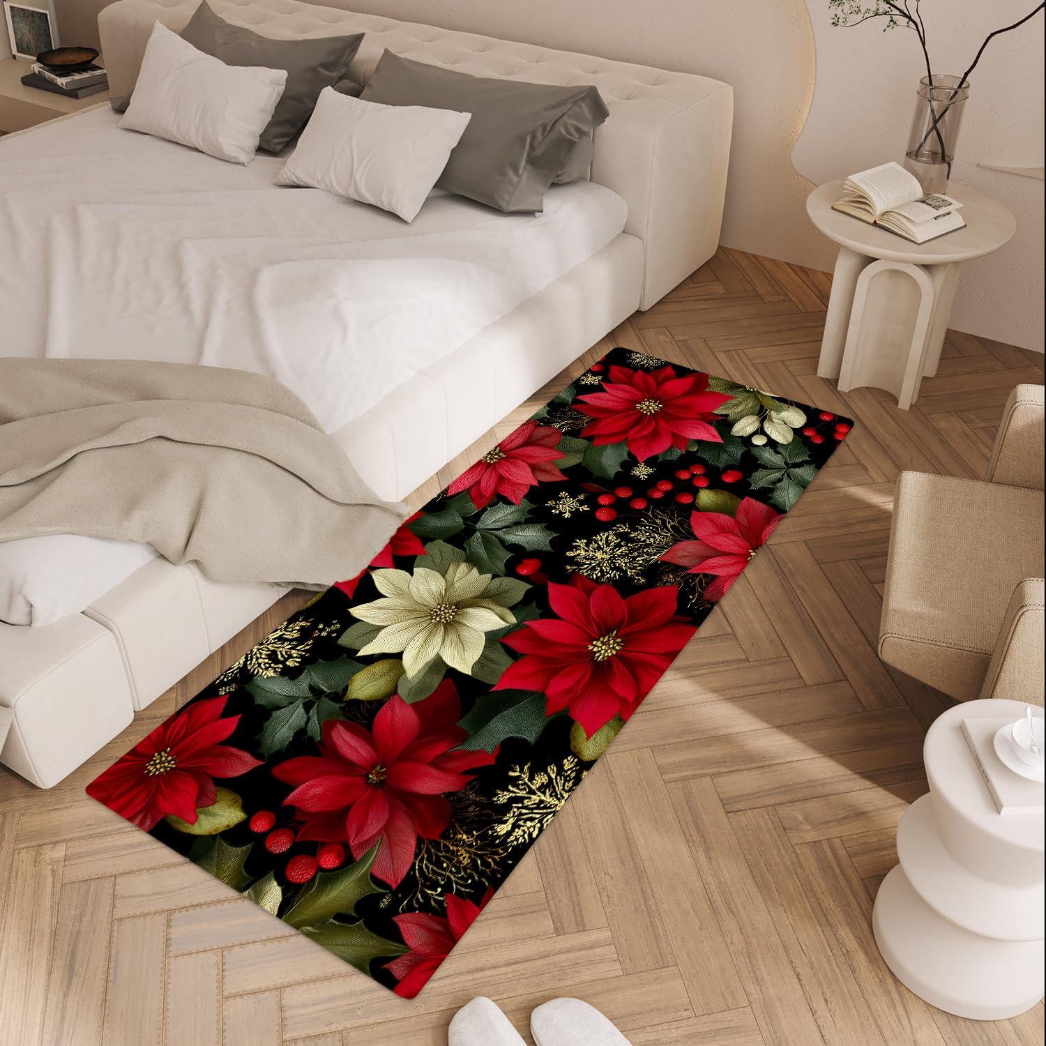 ANNA QUEEN Poinsettia Laundry Room Rug 20x47 Inch – Non-Slip Holiday Runner Mat for Laundry Room, Christmas, Entryway Decor