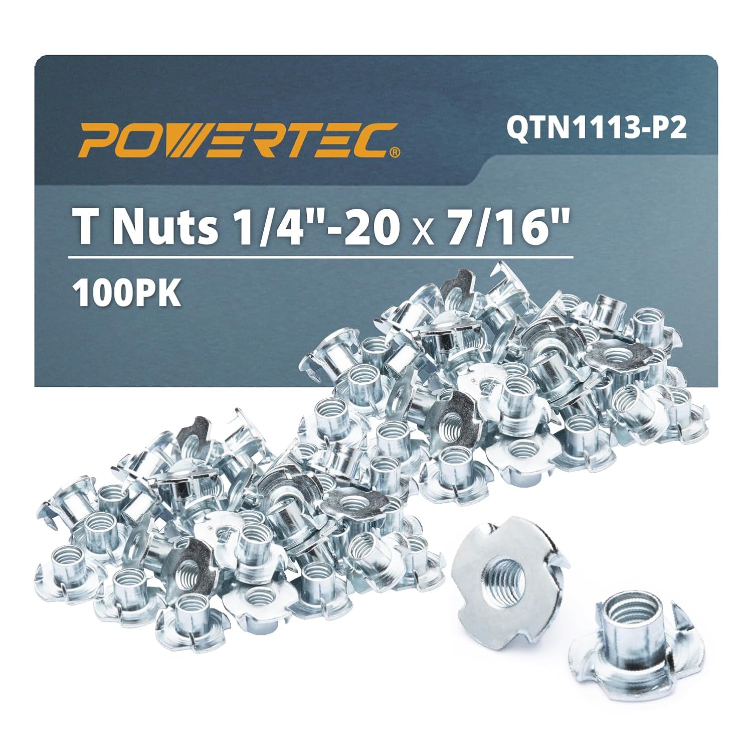 POWERTEC 5/16"-18 T Nuts, 100 Pack | 4 Pronged Tee Nuts for Bolts and Stem Caster Wheels, Threaded Inserts for Woodworking, Rock Climbing Holds and Furniture| 5/16" Length (QTN1111-P2)