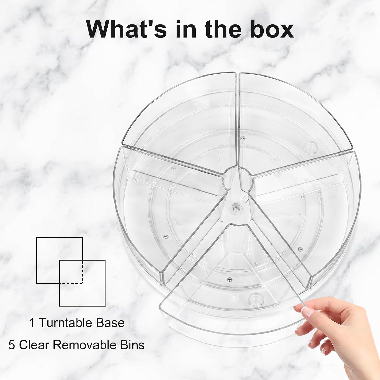 Lazy Susan Organizer, 10.5" Rotating Clear Turntable Organizer with 5 Removable Dividers, for Kitchen, Bathroom, Cabinet, Pantry, Fridge, Vanity - Spinning Storage Container for Spices, Condiments