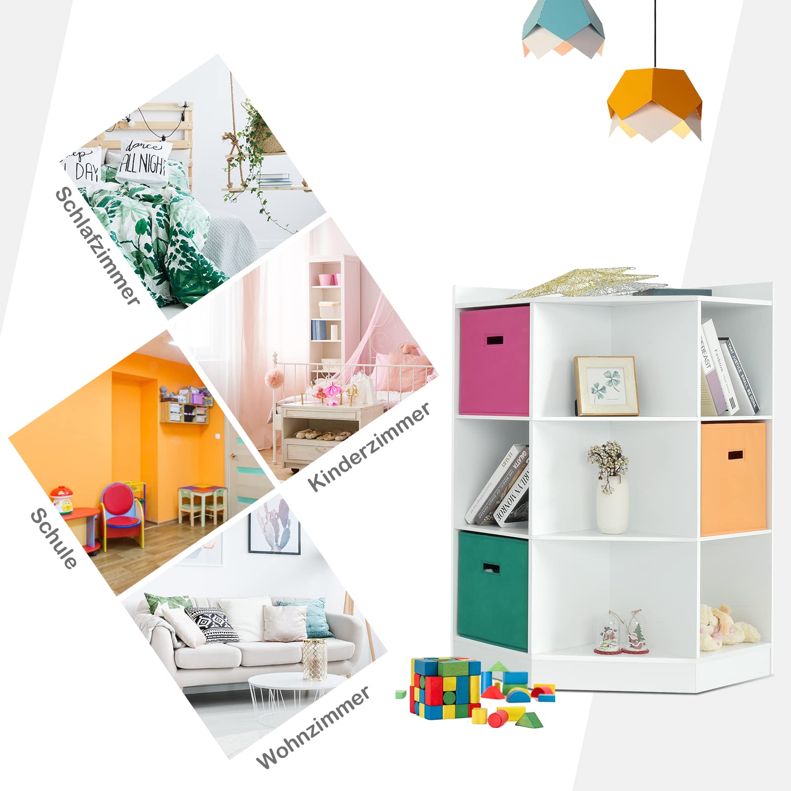 COSTWAY Bücherregal Kinder, 3-stöckiges Kinderregal mit 3 Boxen & 9 Fächern, Spielzeugregal Aufbewahrungsregal aus Holz für Kinderzimmer Schlafzimmer, 81 x 61 x 94cm (Weiß, 9 Fächer)