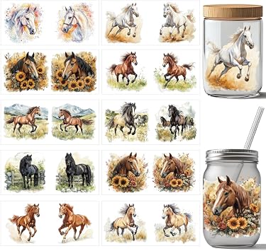 arricraft 10 Sheets UV DTF Cup Wraps for 16 OZ Glass Cups, 10 Styles Watercolor Horse Theme Rub on Transfers PVC Transfer Stickers Waterproof Rub Decals for DIY Your Holiday Presents 9.4x4.3inch