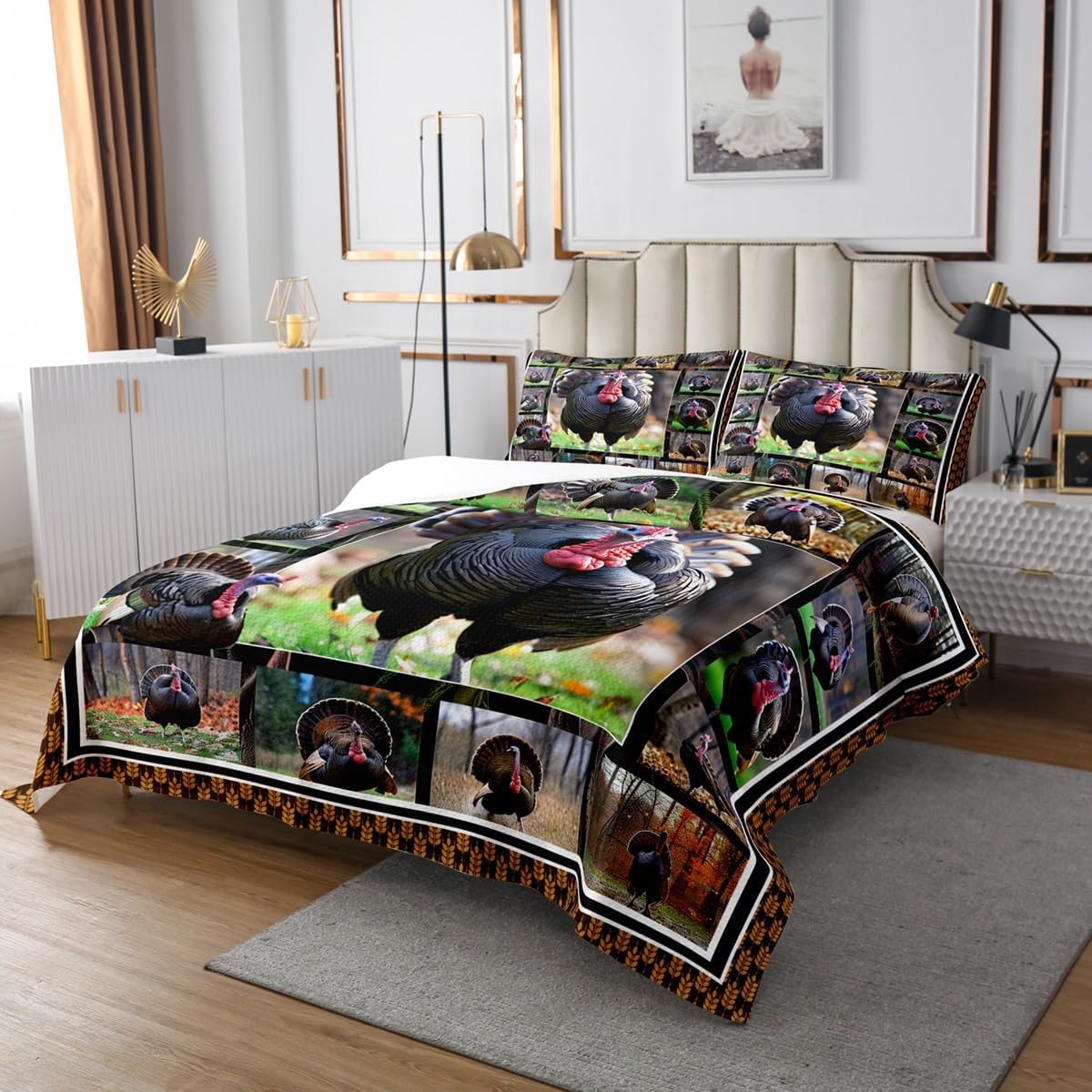 Erosebridal Turkey Quilt Set Queen Size Wildlife Bird Pheasant Bedspread Set Hunting Turkey Coverlet Set Farmhose Bird Chicken Bedroom Decor Soft Luxury Bedding Set for Adult Men Women