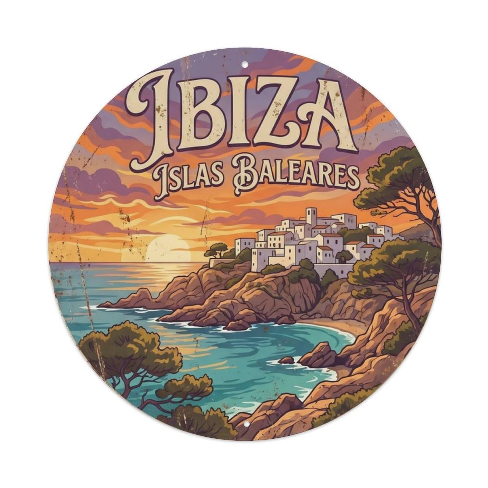 Vintage Travel Ibiza Sunset Coast Metal Tin Sign Plaque Wall Decor for Cafe, Club Bar, Office, Home Garden Round Metal Poster 8x8Inch