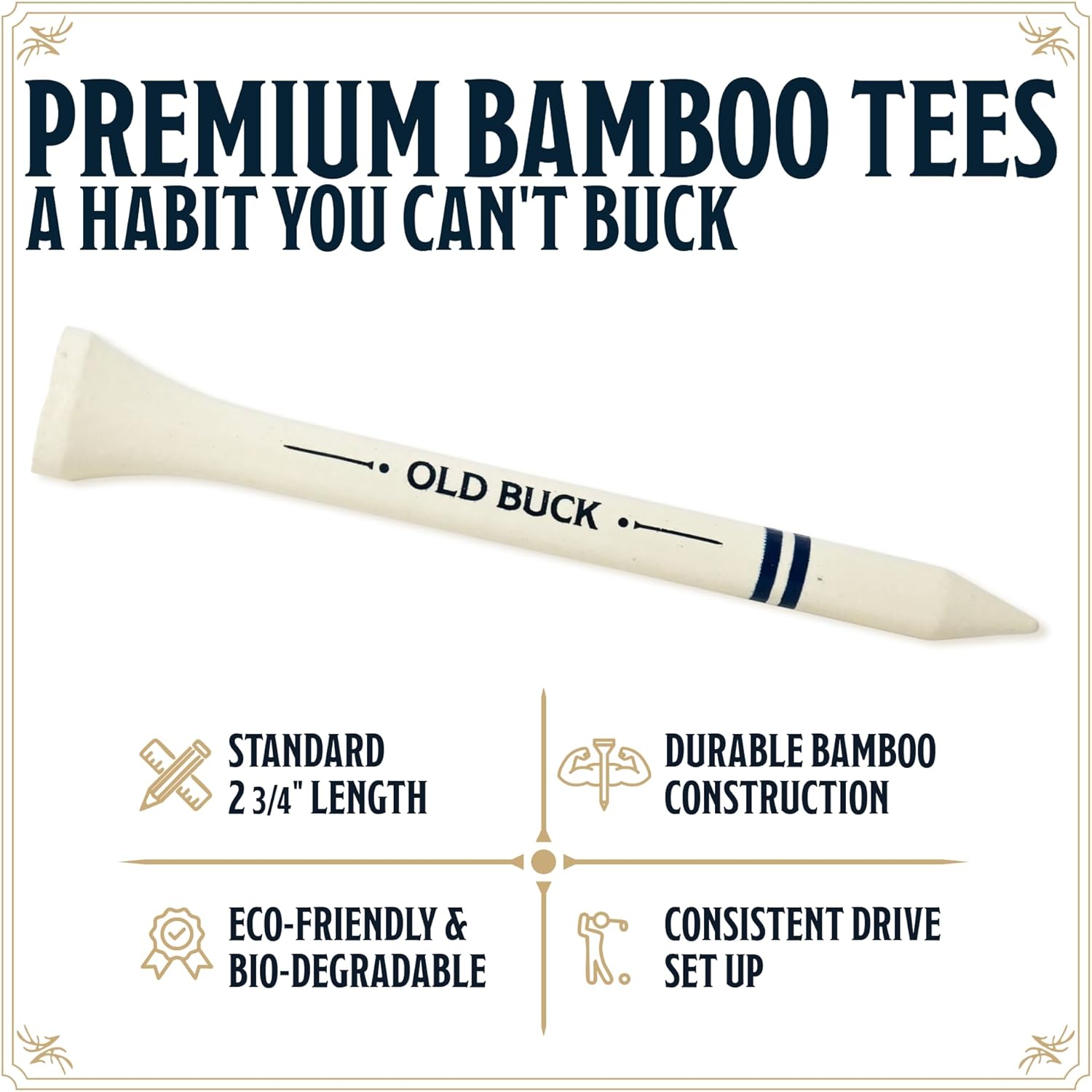 Old Buck 2 3/4" Bamboo Golf Tees, Premium Wooden Driver Tees in Cigarette-Style Carton — 18 Tees — Novelty Golf Gift for Men, Dad & Groomsmen