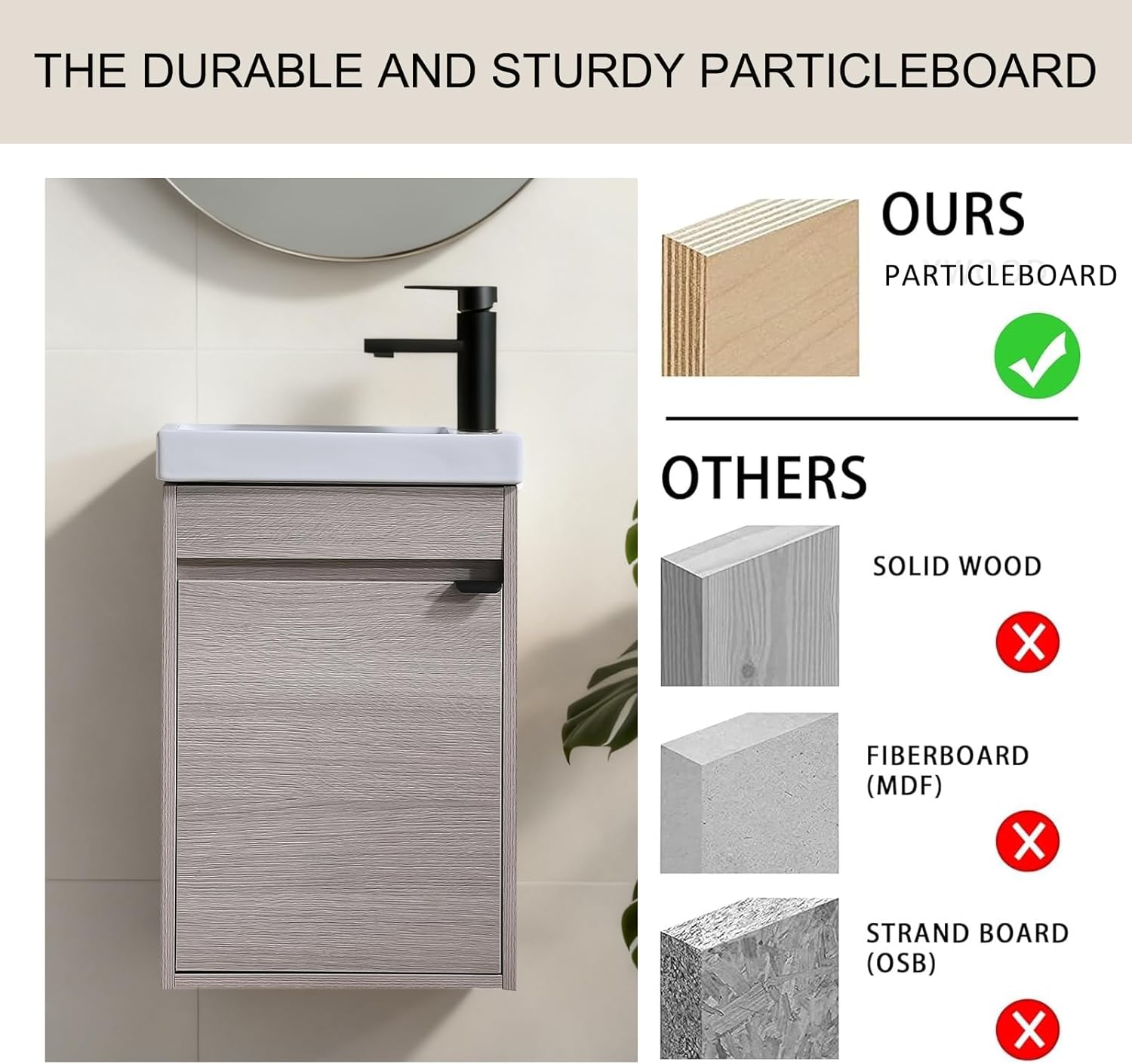 16 Inch Bathroom Vanity with Sink Combo, Wall Mounted Cabinet Set with 1 Door and White Ceramic Basin Sink Top, Forest Oak Floating Bathroom Vanity for Small Space