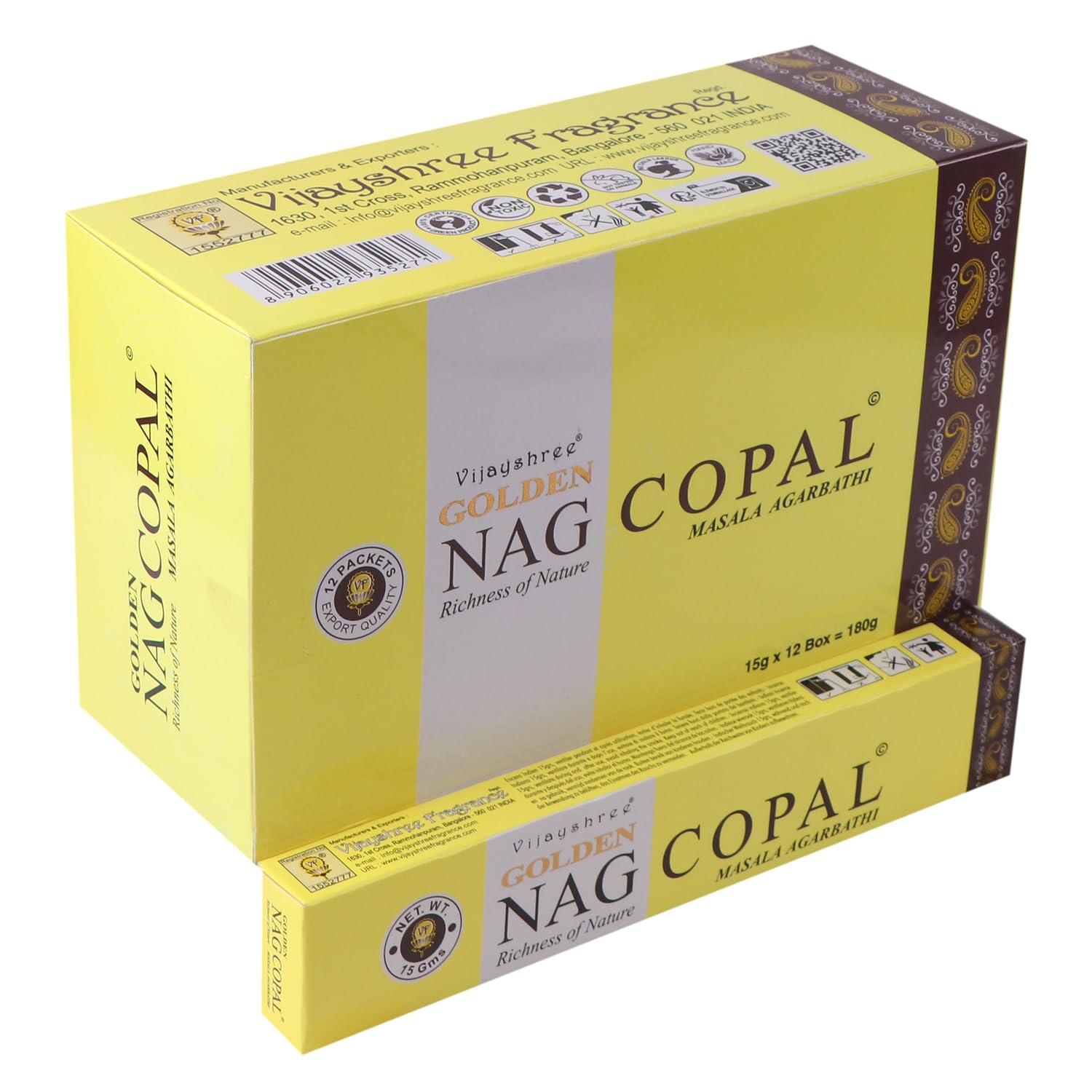 Vijayshree Golden Nag Copal 12 pkt of 15gm (15 Sticks) Each (Contains 180 Incense Sticks/Natural Agarbathi) with Free Wooden Incense/agarbatti Stand with Brass Work.