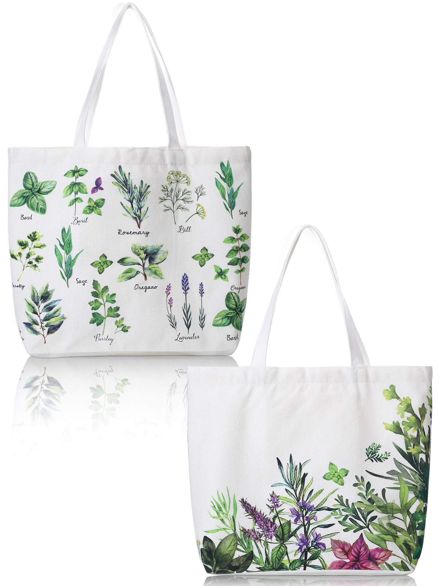 Bencailor 2 Pcs Spring Flower Canvas Tote Bags Reusable Wildflowers Herbs Plant Grocery Bags for Women Shopping Spring Gifts(Herbs)