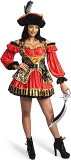 Women Red Spanish Pirate Dress Costume Set with Hat, Belt, Pouch for Adult Halloween