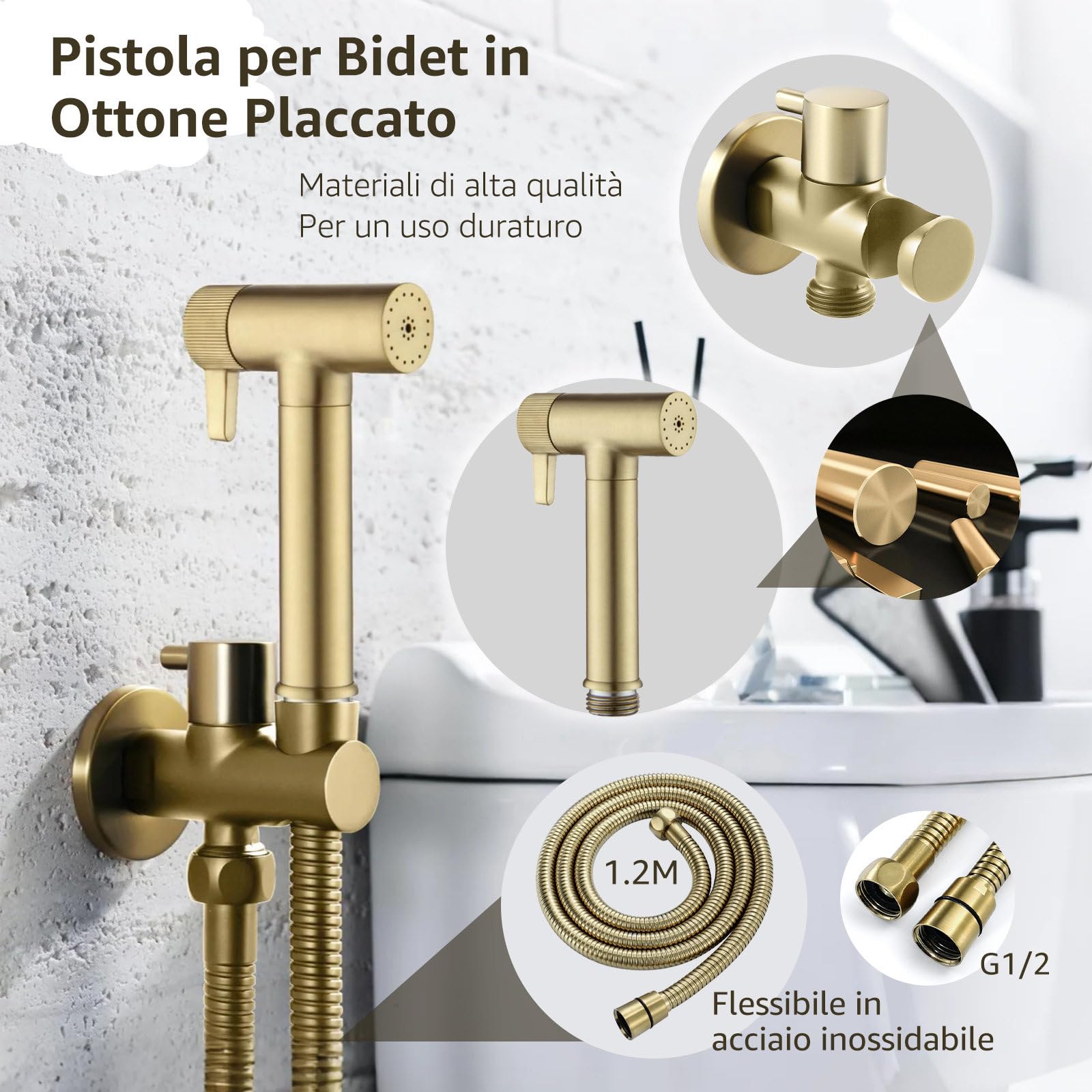 Doccetta per Bidet, 2 Modo de Agua Doccia Bidet, Non c'è Bisogno di Premere, Doccino per Bidet con Supporto e Tubo Flessibile, Adatto per L’igiene Personale/Pulizia del Bagno, Ottone