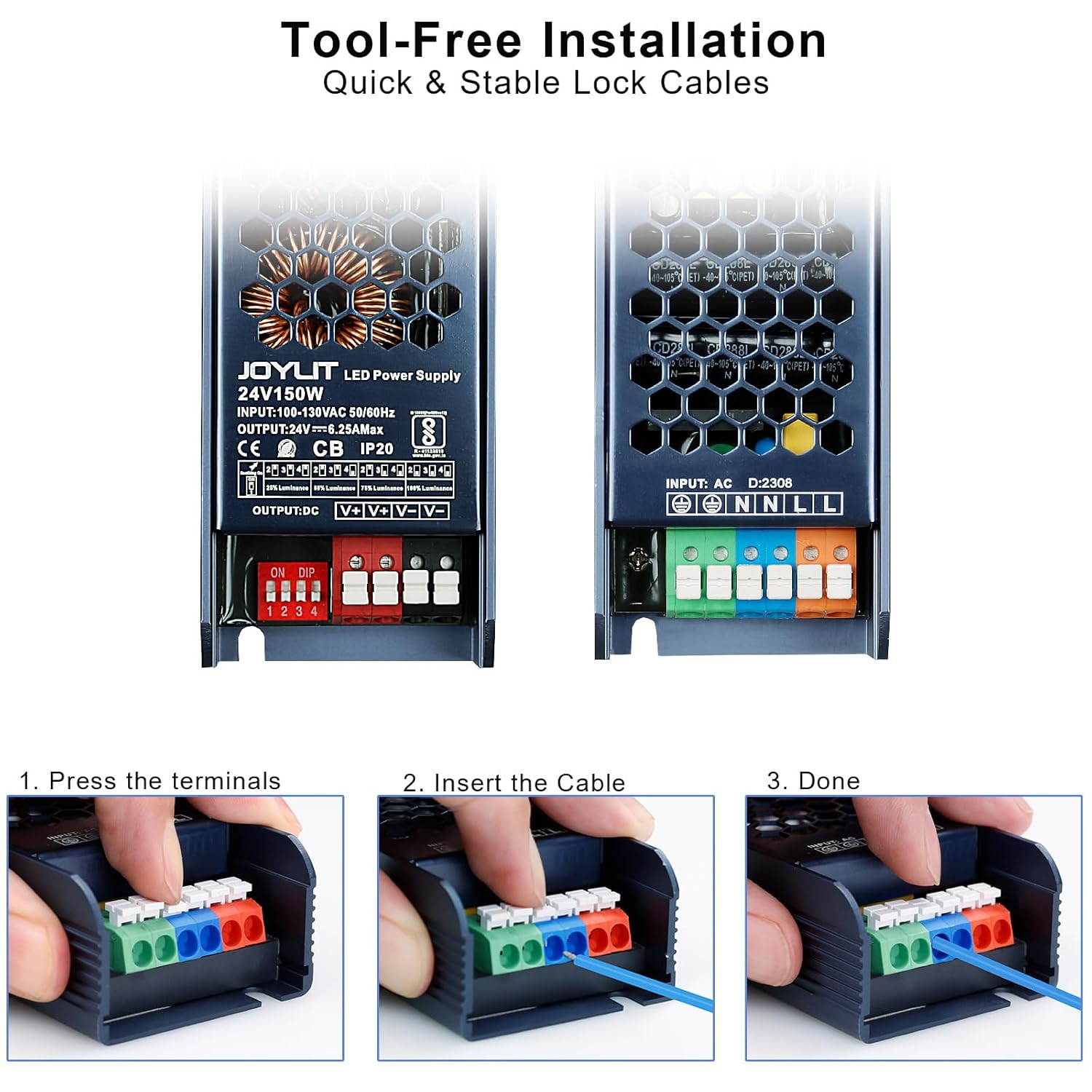 JOYLIT 24V Power Supply 150W CE, 100-130V AC Convert to DC 24 Volt LED Driver 6.25A Max, Ultra Thin Fanless LED Transformer for LED Tape, 3D Printer, CCTV (24V 150W) - Image 4