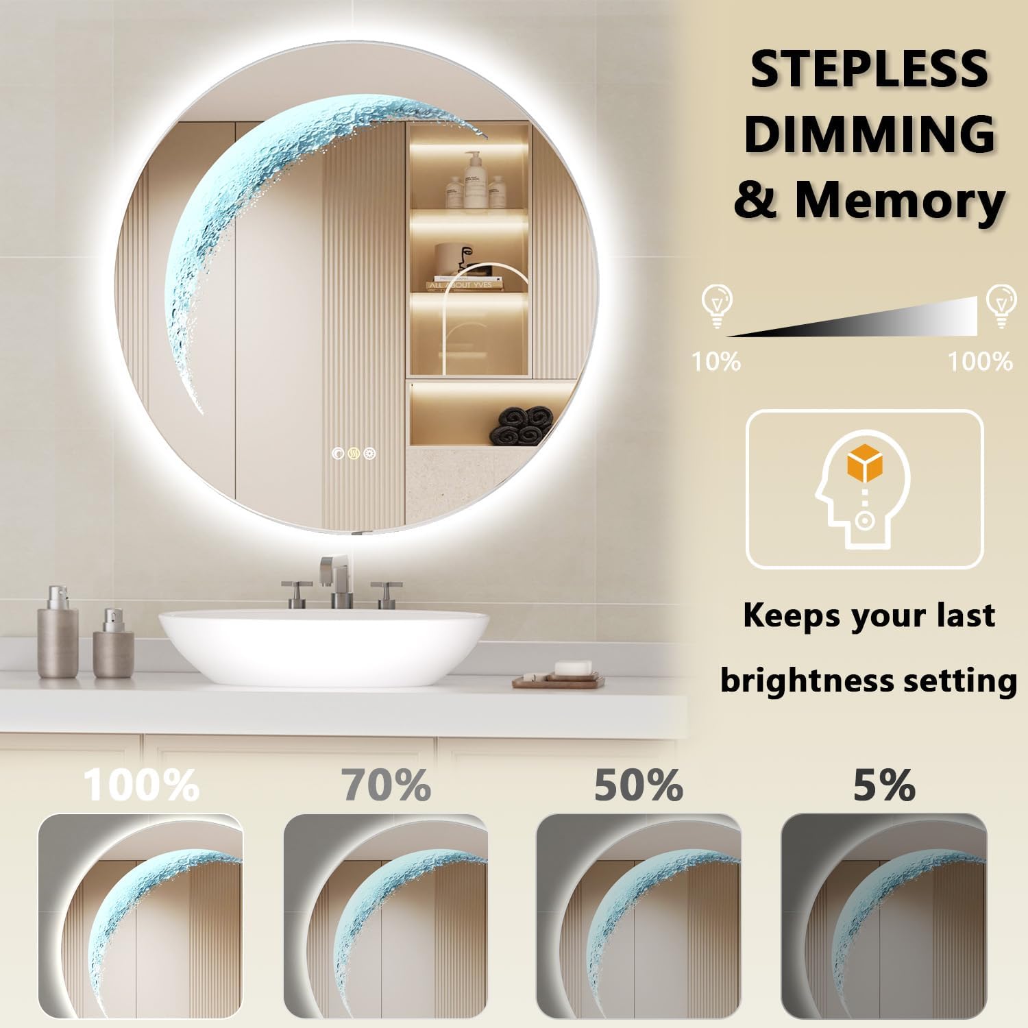 30'' Circle LED Mirror, Frameless Round Smart Mirror with Backlit & Half Moon Light, Anti-Fog, 3 Color Modes, Dimmable Wall-Mounted LED Vanity Mirrors for Bathroom, Bedroom, Entryway