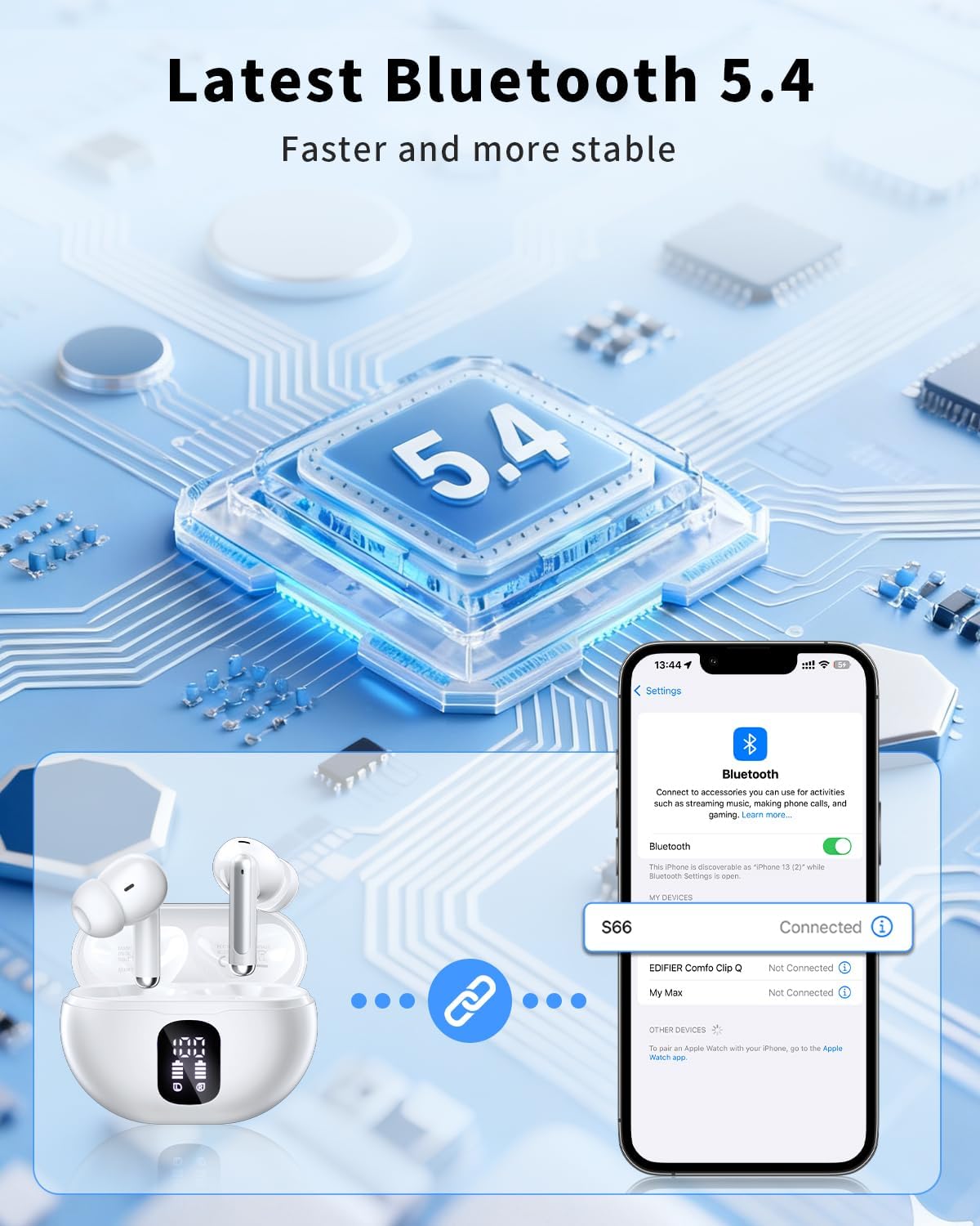 Wireless Earbuds, Bluetooth 5.4 Headphones with 50H Playback, Deep Bass Stereo Ear Buds Clear Calls with LED Power Display, IPX7 Waterproof, in-Ear Earphones with Mic for Phone/Android/iPad, White - Image 4