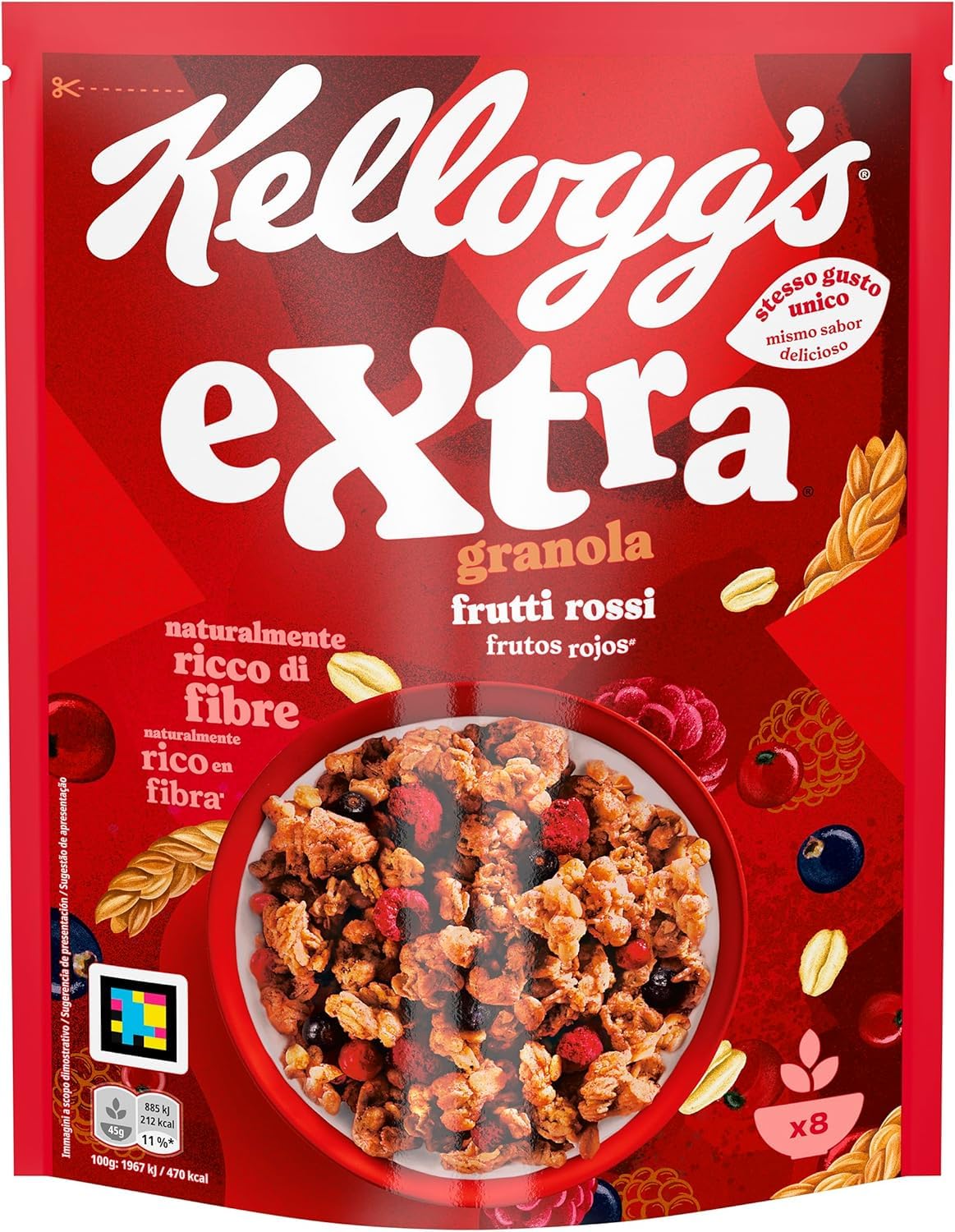 Italian Gourmet Knusper-Granola cereali frutti rossi 12 x 375g Frühstück | Mix ricco di fibre per latte o yogurt; crunchy Müsli mit Beeren, praktische, Gesamtnettogewicht 4,5 kg + Kostenlos Polpa 400g
