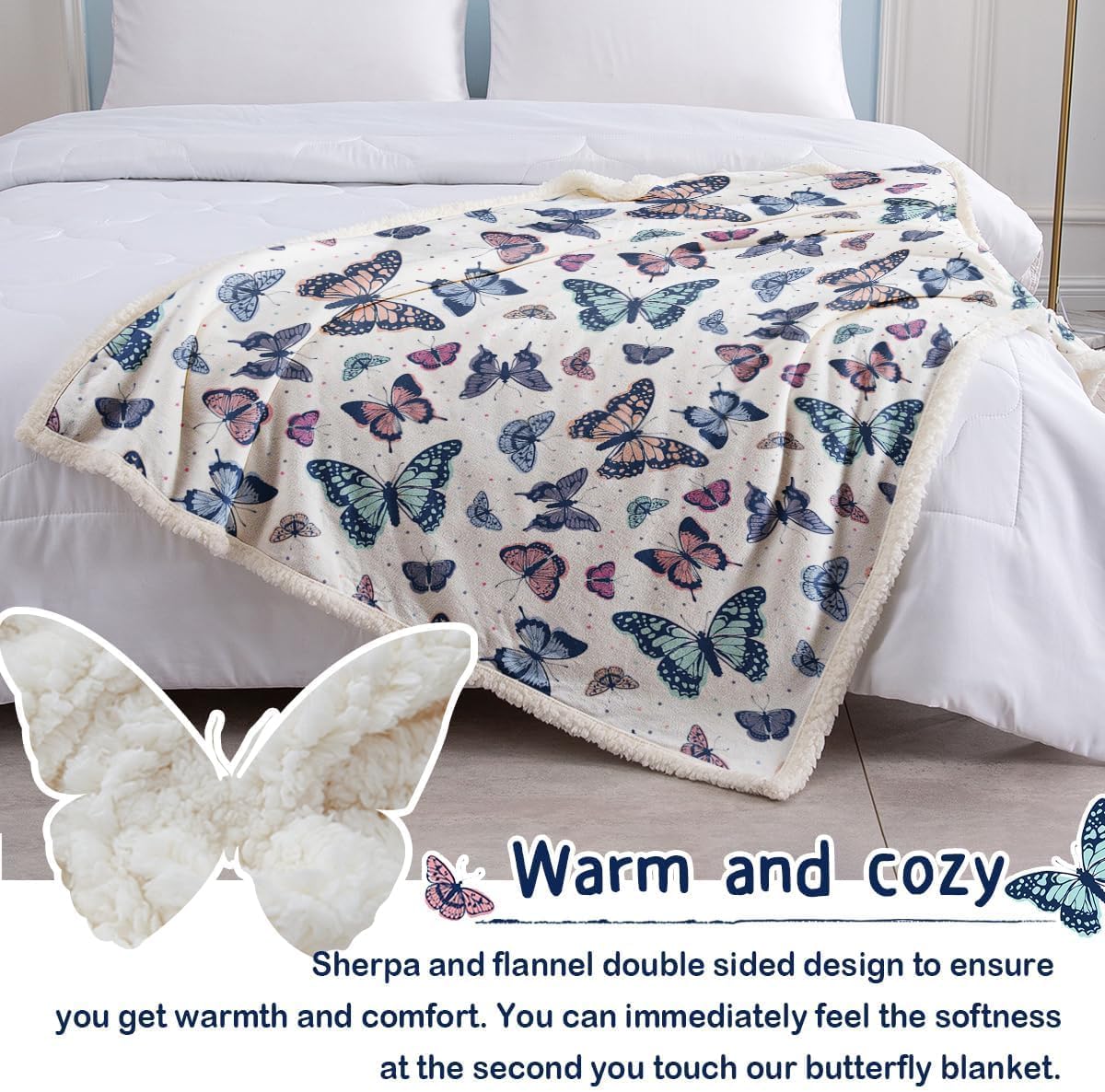 SOULZZZ Garden Purple Butterfly Sherpa Throw Blanket Soft Blankets and Throws Lightweight Plush Butterflies Lovers Gifts for Women Kids Girls (Colorful Butterfly, 50X60 Inches) - Image 3