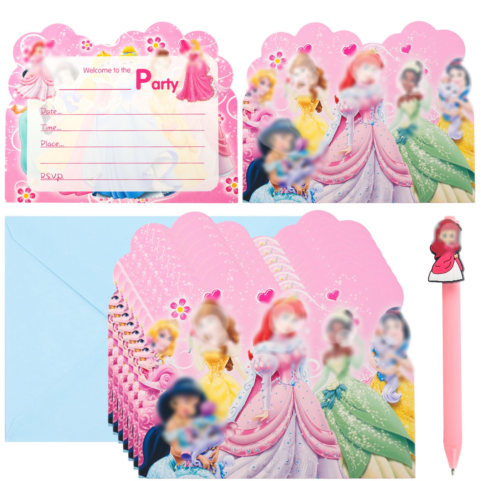 20PCS Princess Party Invitations Kids, Party Invites with Envelopes Pen, Invitations Birthday Cards for Kids Girls Boys