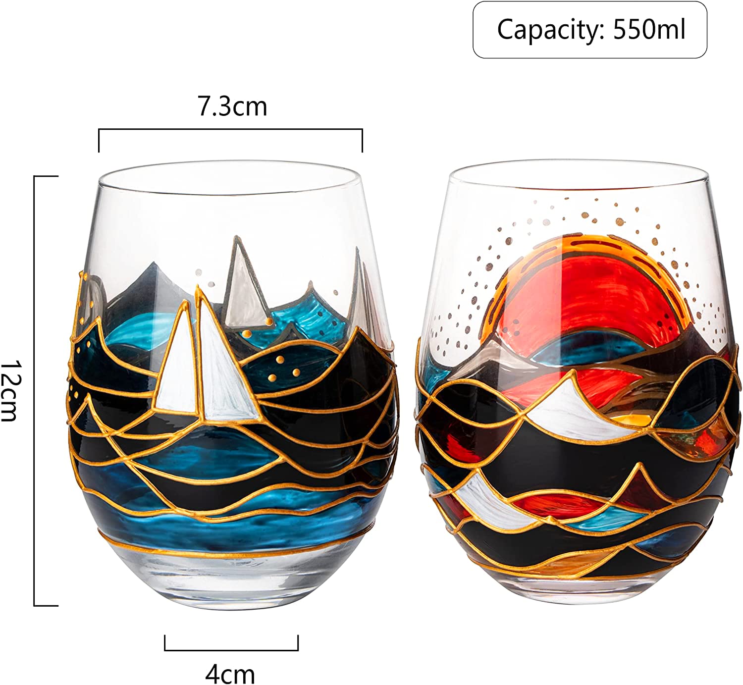 Amazon.com | Ocean Sunrise Artisanal Hand Painted Wine Glasses, Stemless  Set of 2 Tumblers - Sailboat Artistic Gift Idea for Her, Him, Birthday,  Housewarming - Large Goblets (18.5 OZ) - Gifts for