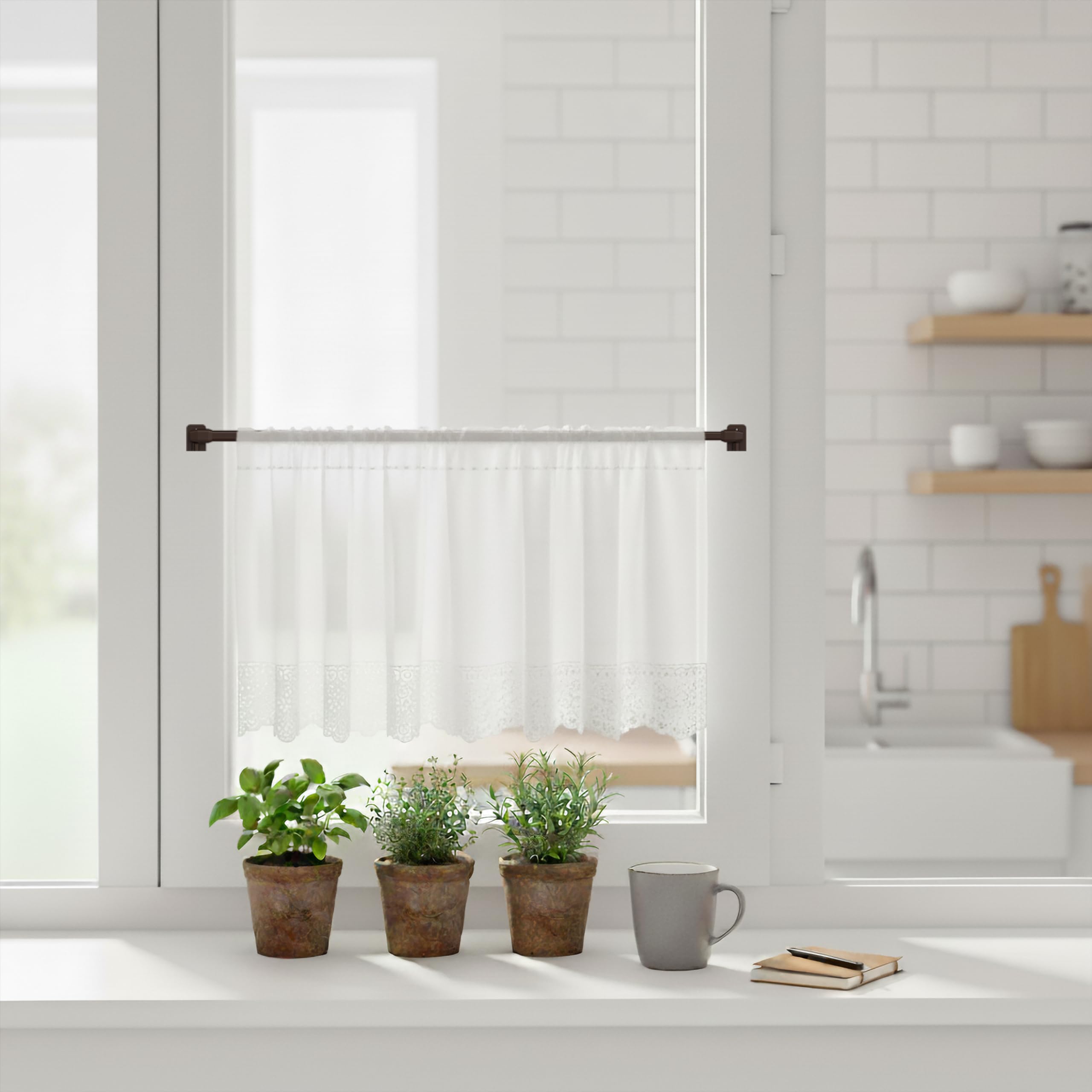 Interdeco Vitragestangen mit Klebehaken/Scheibenstangen Braun (4 Stück), ausziehbar 100-180 cm