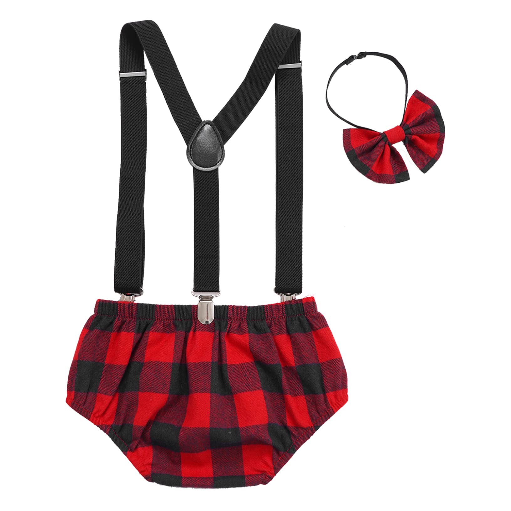 Yeahdor Baby Boys Cake Smash Clothes Plaid Diaper Suspenders Pants Bow Tie Set for Photo Prop Red 9-12 Months