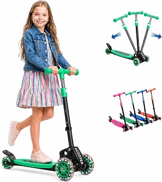 Kids Kick Scooter for 3-12,Lean-to-Steer 3 Wheel Scooter for Beginners with Light-Up Wheels,3 Adjustable Handlebar 27.533,6-Inch Wide Deck,Rear Foot Brake,Foldable Scooter for Boys & Girls